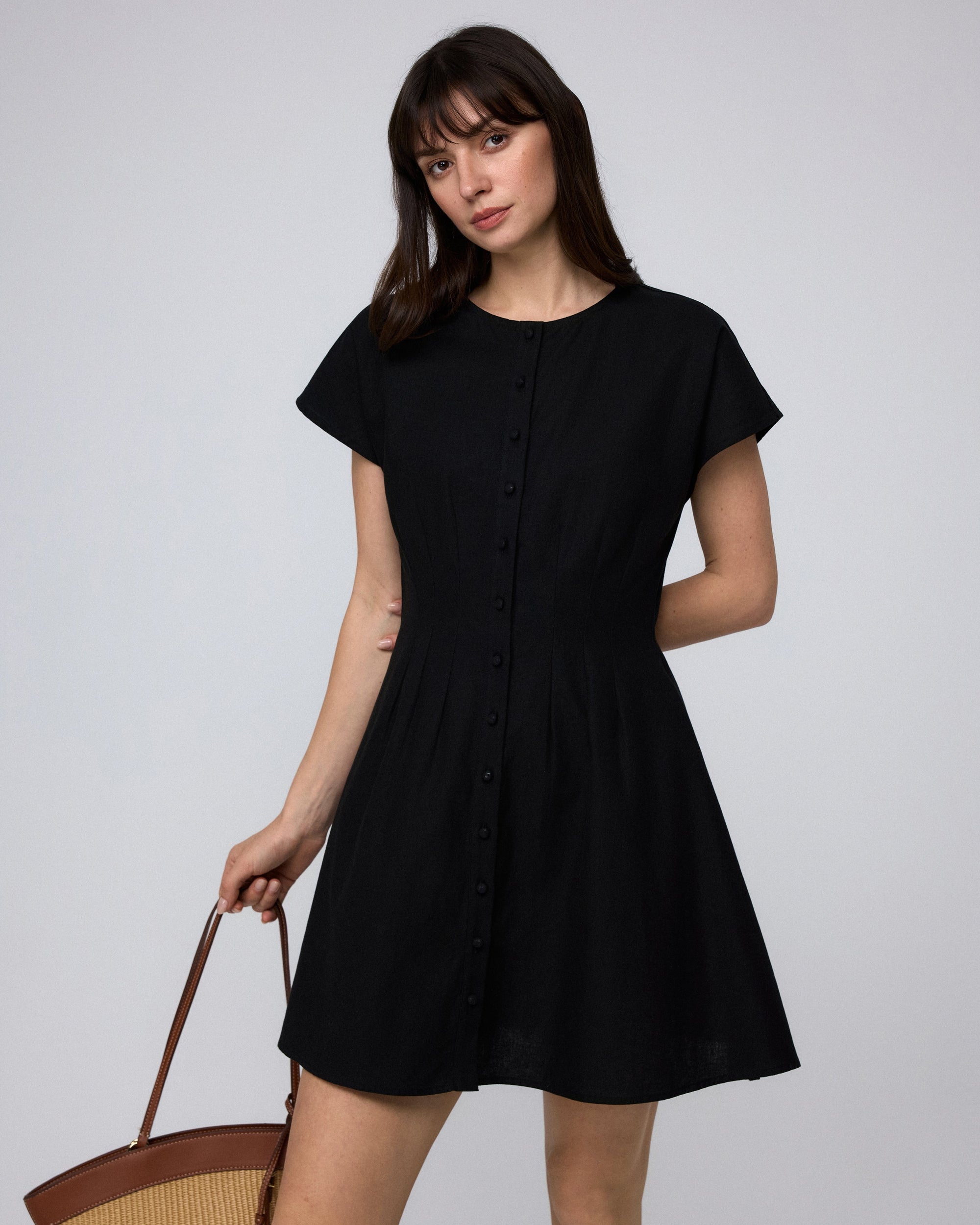 Juana Flora Pleated Shirt Dress black (hemp–cotton blend) styled look with covered button front