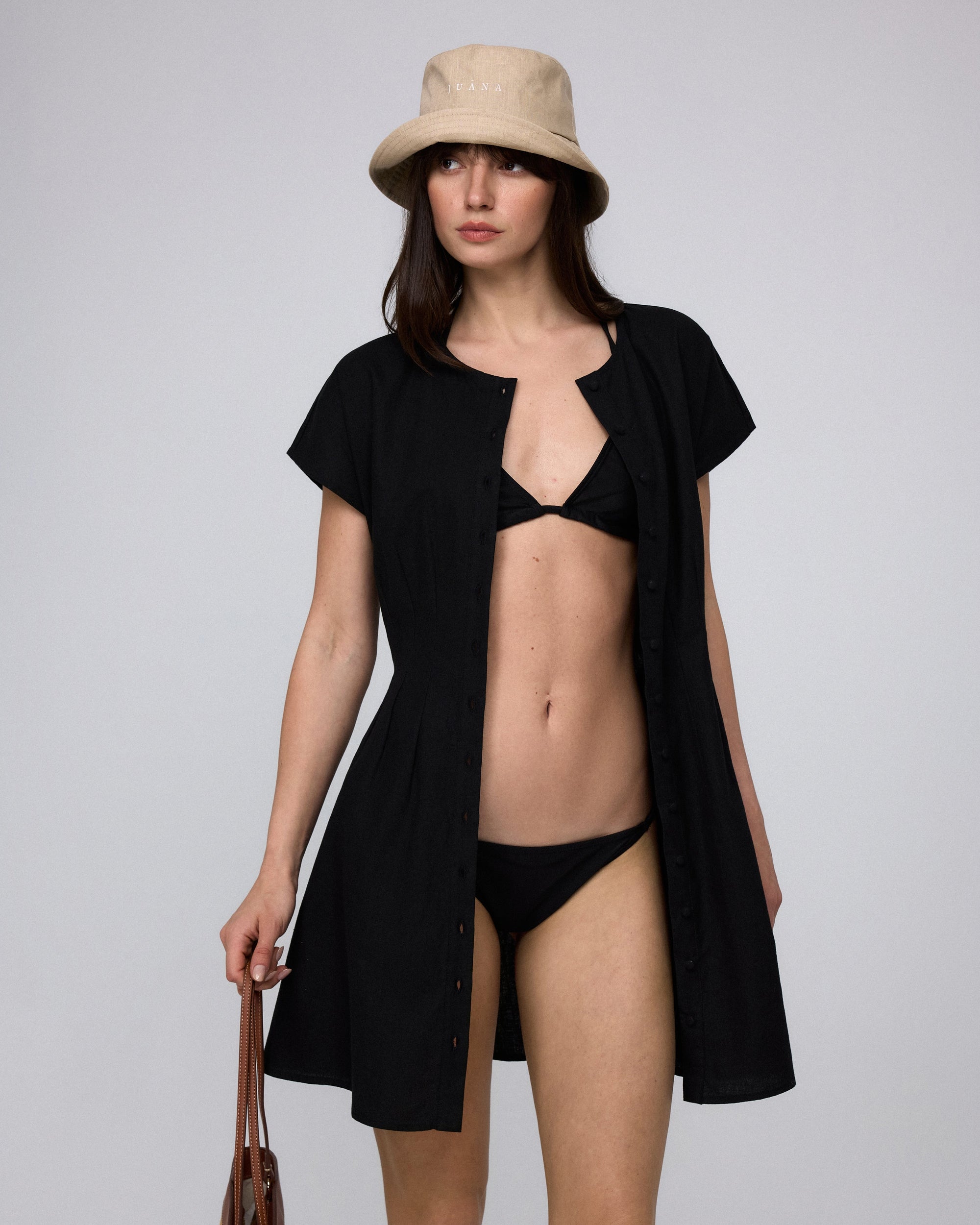 Juana Flora Pleated Shirt Dress black (hemp–cotton blend) styled look worn open as a light layer