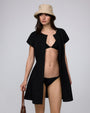 Juana Flora Pleated Shirt Dress black (hemp–cotton blend) styled look worn open as a light layer