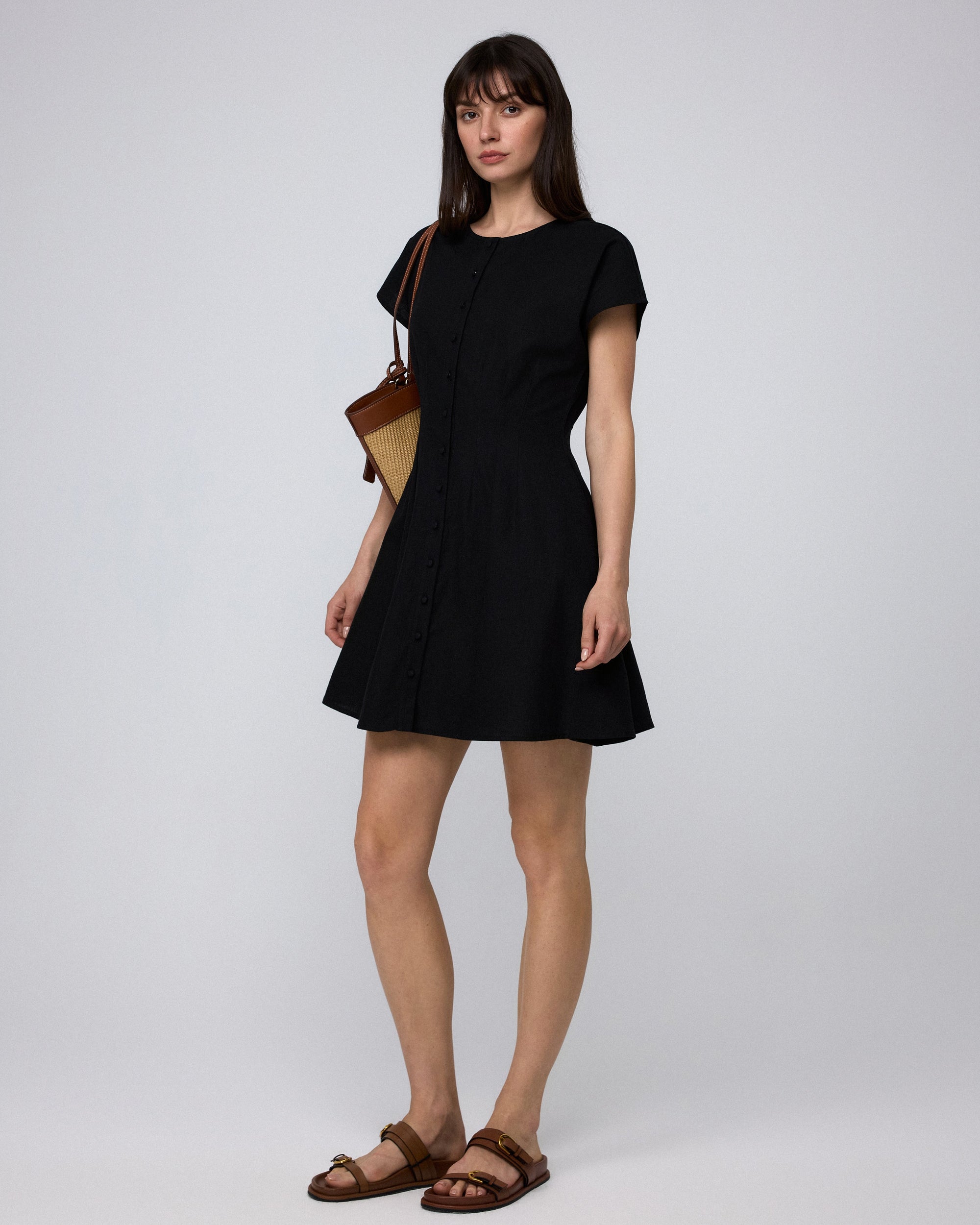 Juana Flora Pleated Shirt Dress black (hemp–cotton blend) model main with pleated silhouette