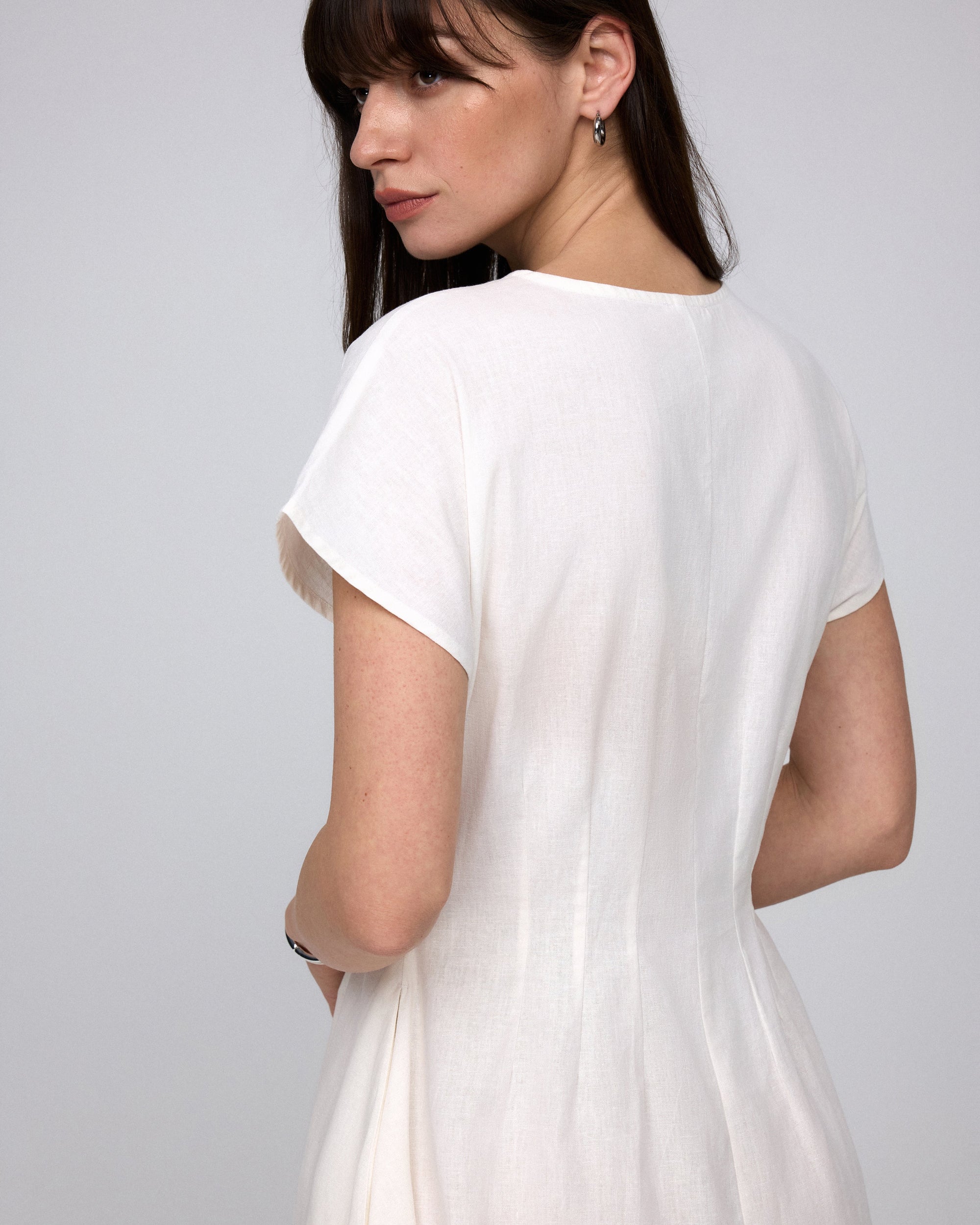 Juana Flora Pleated Shirt Dress white (hemp–cotton blend) back view with cap sleeve coverage