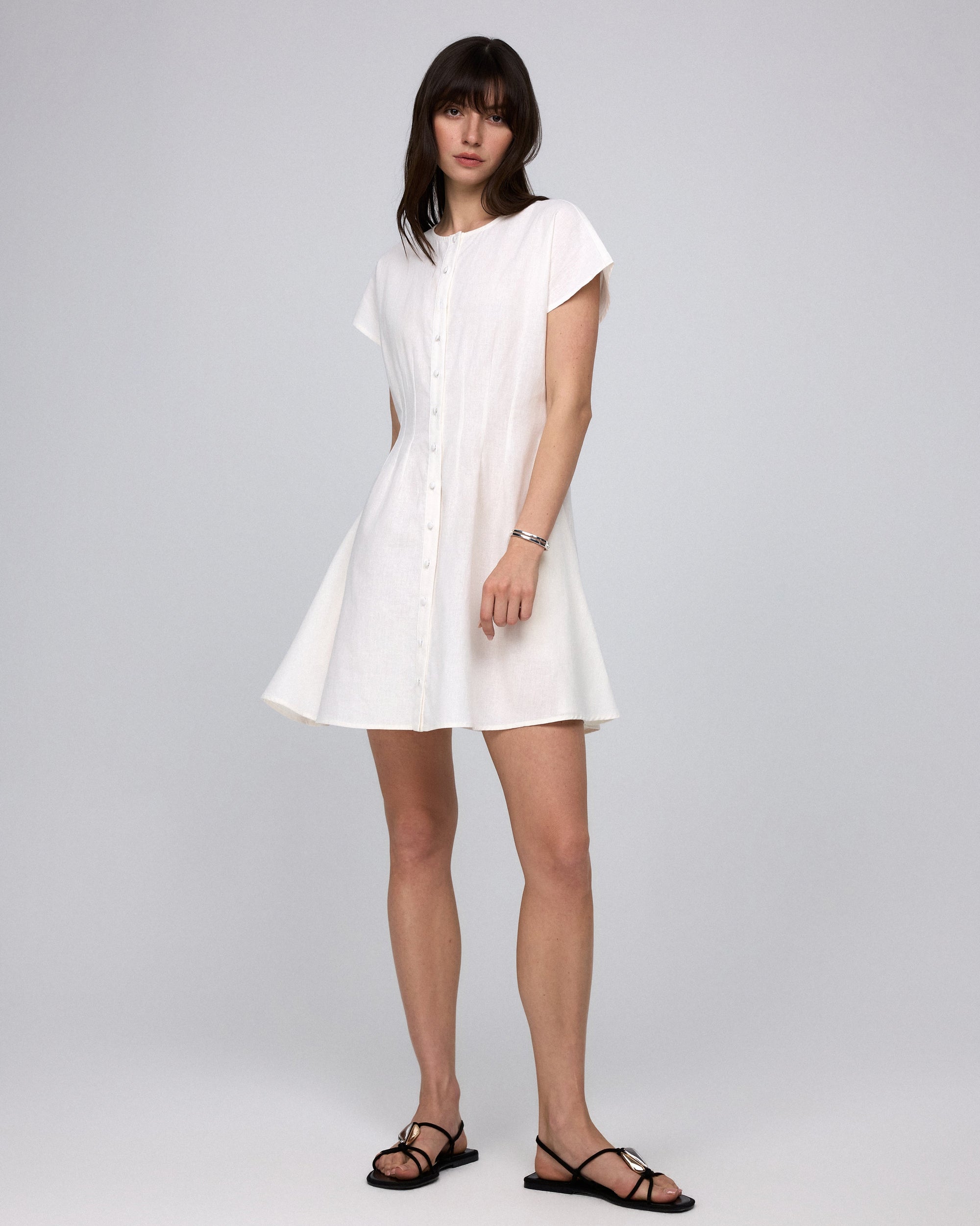 Juana Flora Pleated Shirt Dress white (hemp–cotton blend) styled look worn open as a light layer