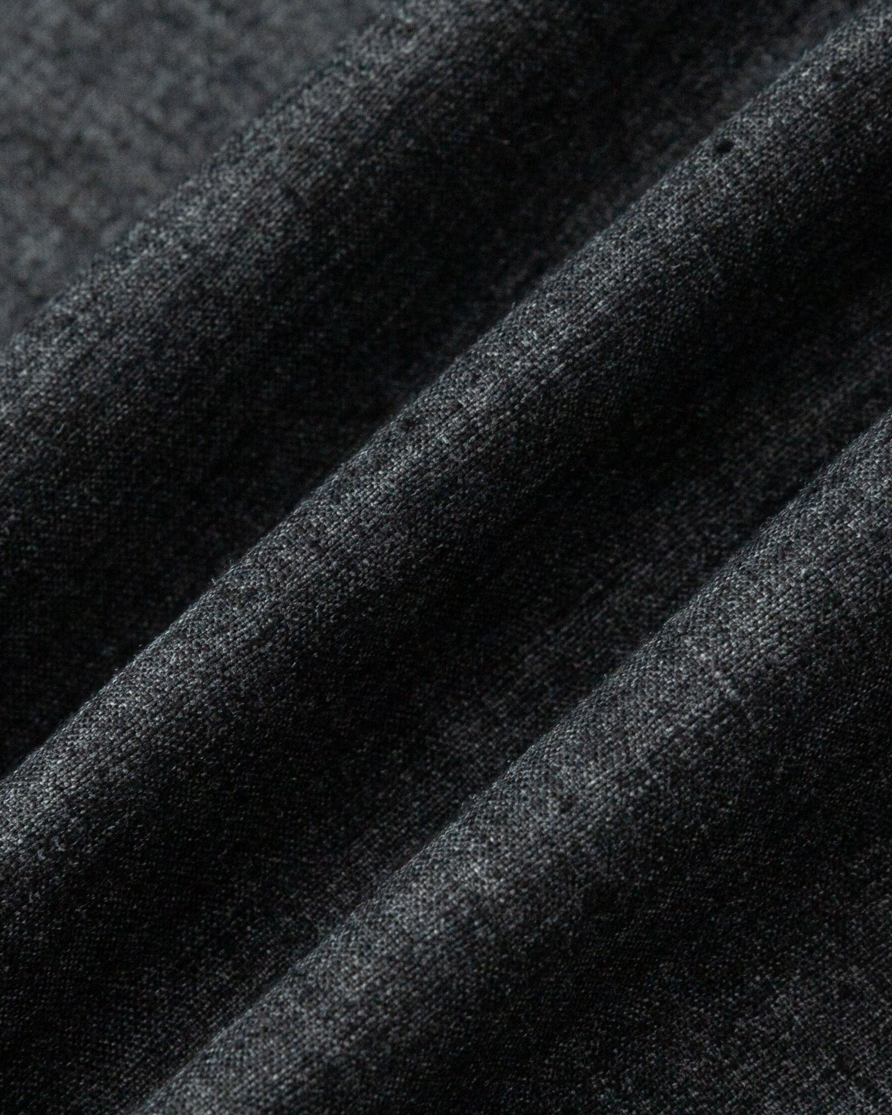 Close-up of hemp blend stretch twill of the Button Front Top (washed black), highlighting breathable weave and subtle sheen.