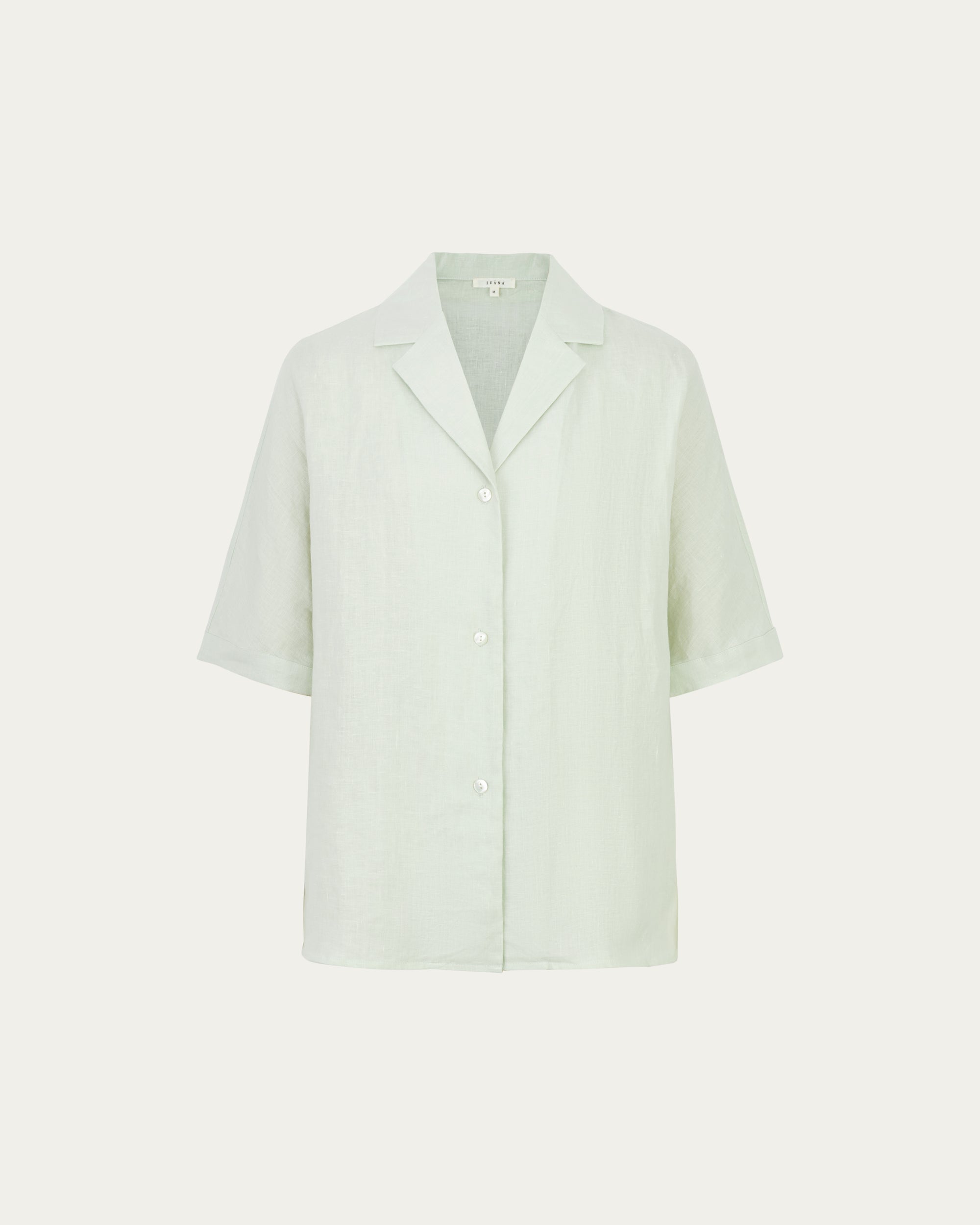 Juana Hemp Camp Shirt mint (hemp) ghost front showing open resort-style collar and fluid drape