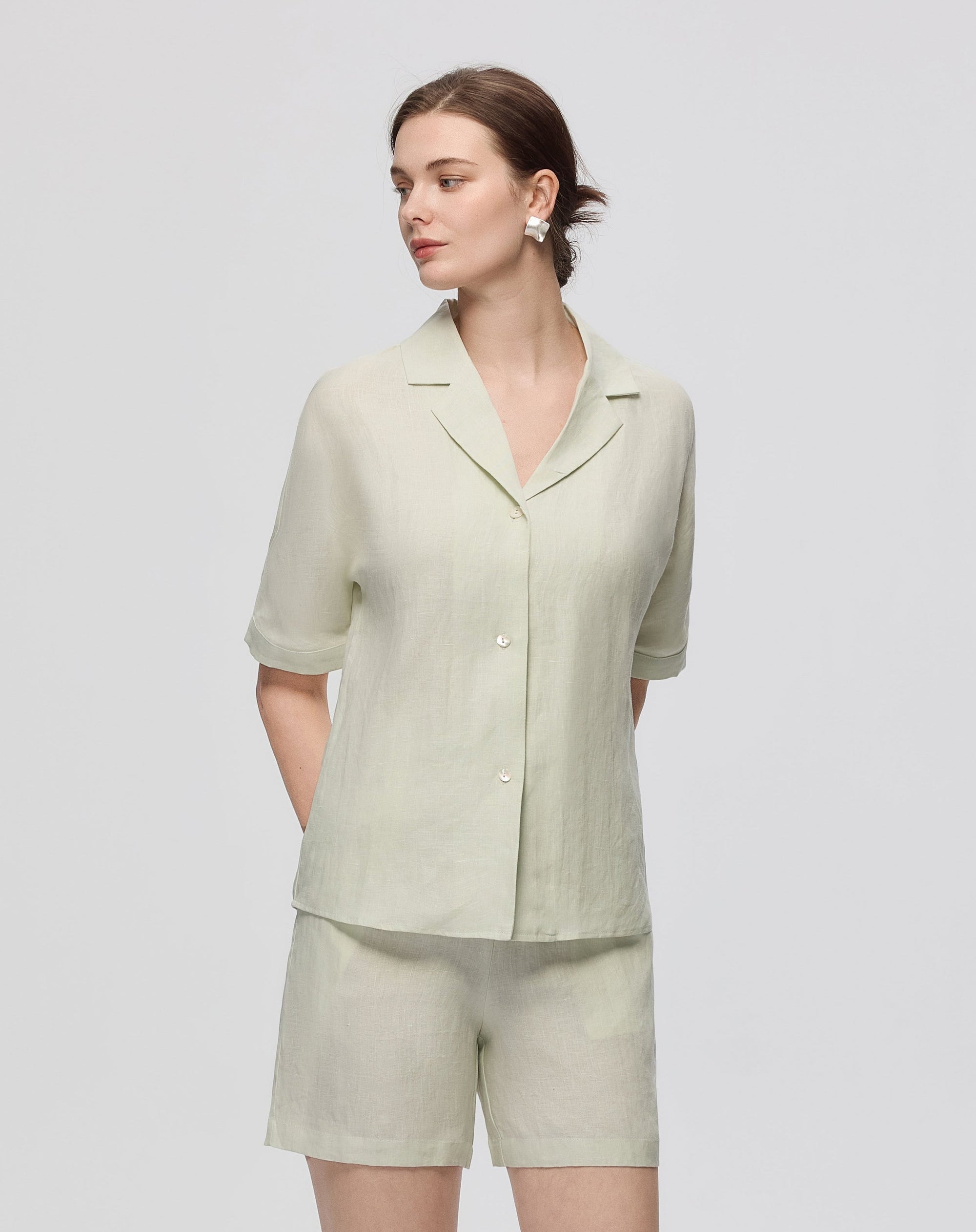 Juana Hemp Camp Shirt mint (hemp) on model showing relaxed fit and camp collar neckline