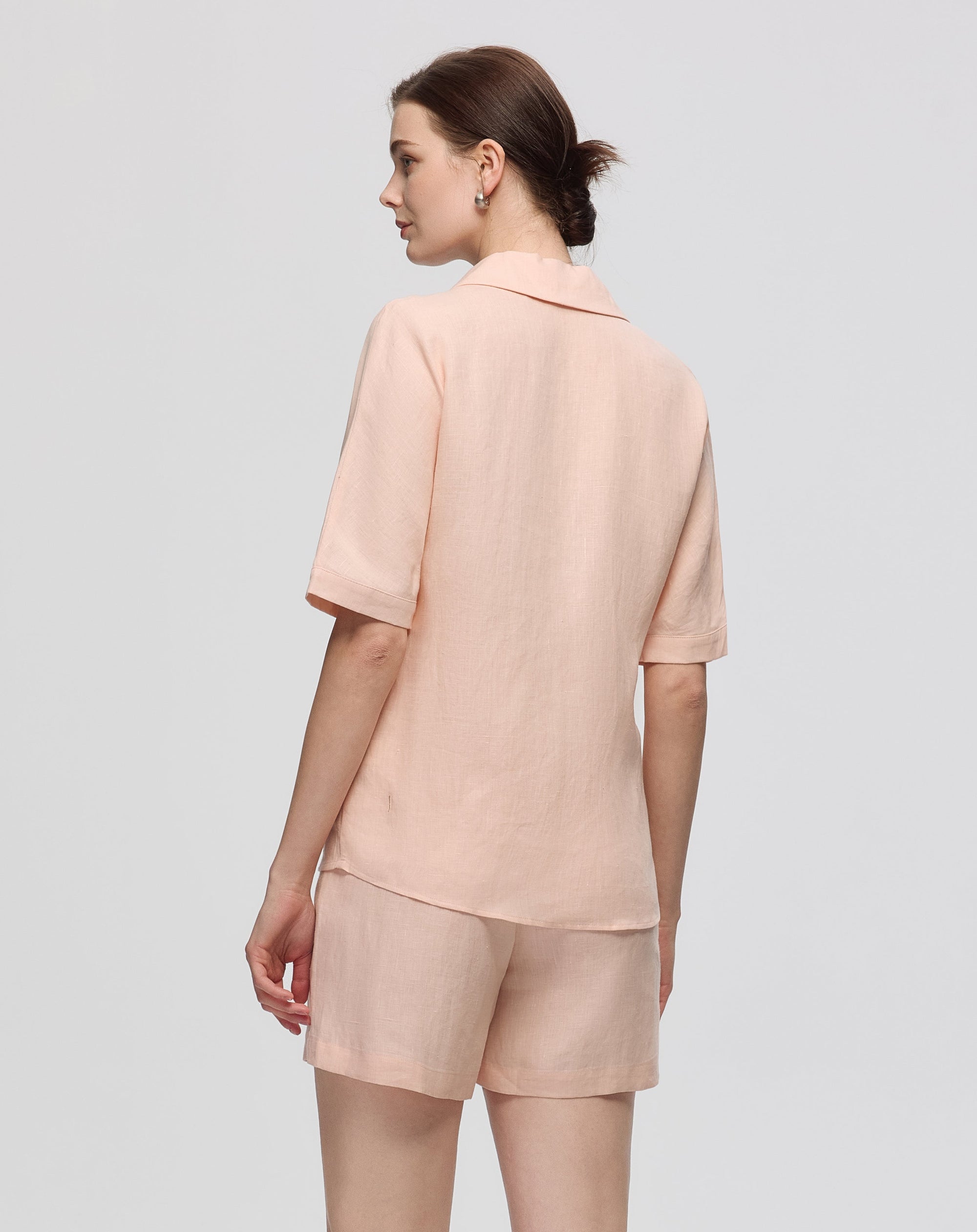 Juana Hemp Camp Shirt peach (hemp) back view on model showing relaxed back and clean lines