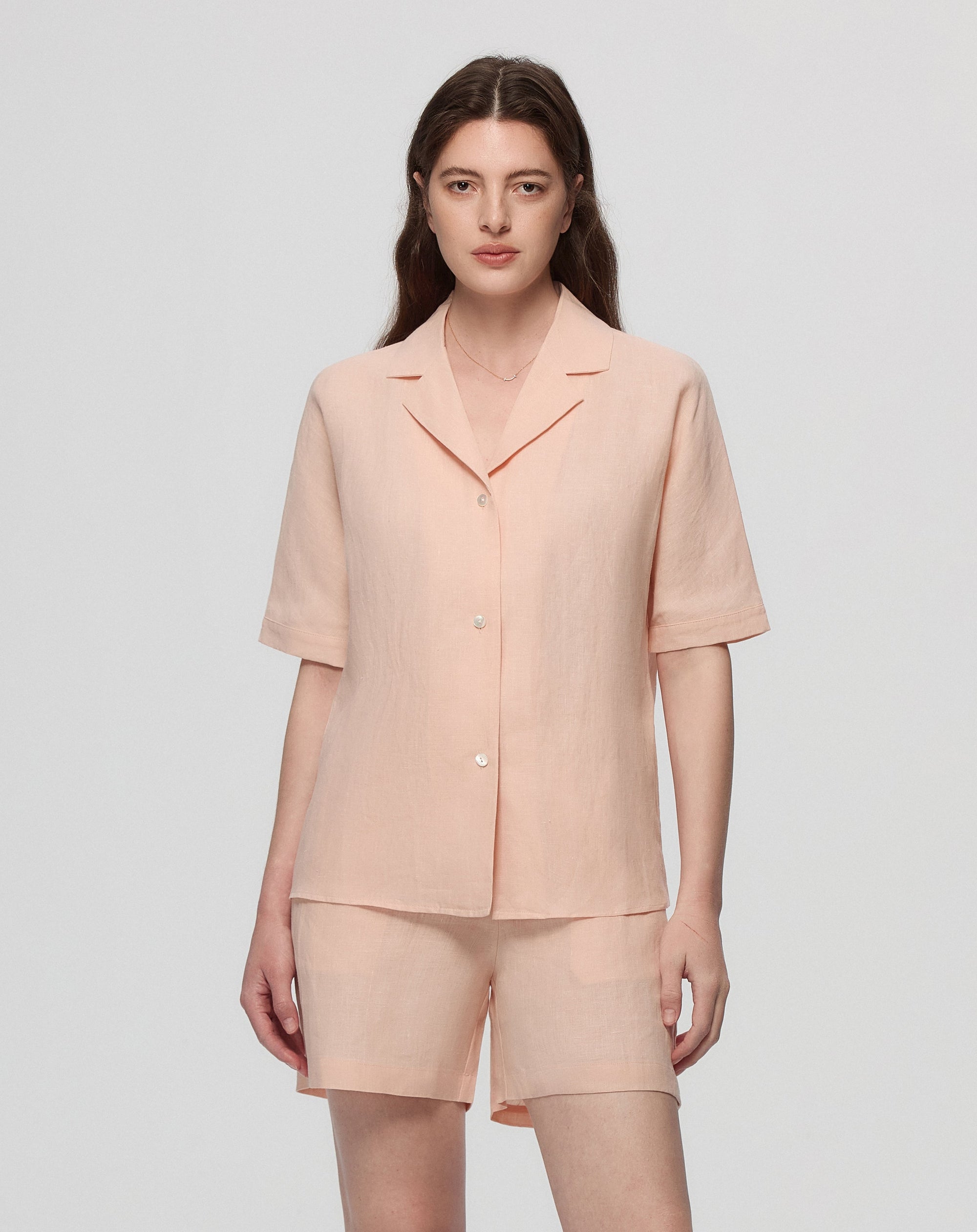 Juana Hemp Camp Shirt peach (hemp) on model showing open collar and short sleeve shape
