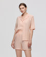 Juana Hemp Camp Shirt peach (hemp) on model showing relaxed fit and camp collar neckline