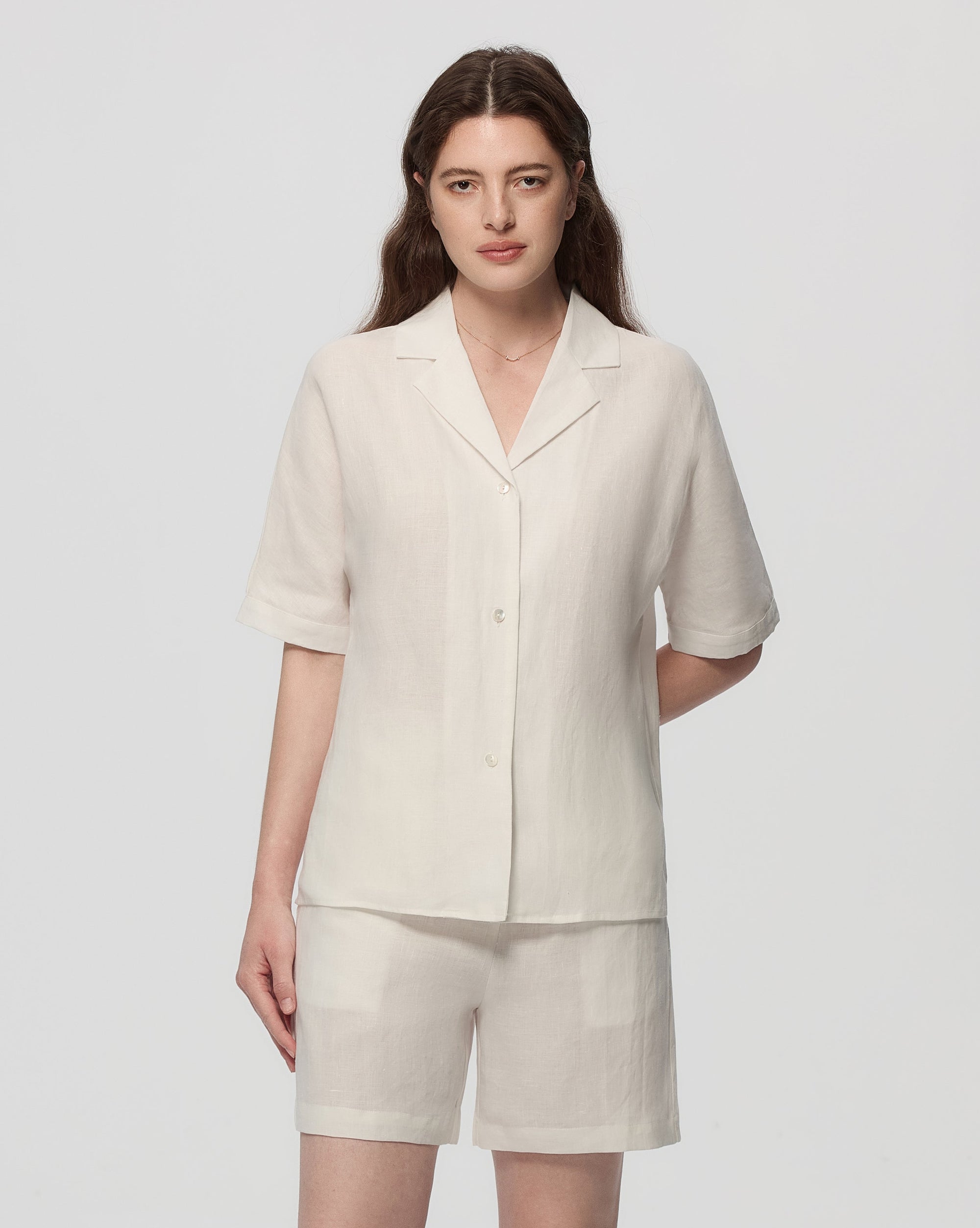 Juana Hemp Camp Shirt white (hemp) styled look showing natural shell buttons and easy drape