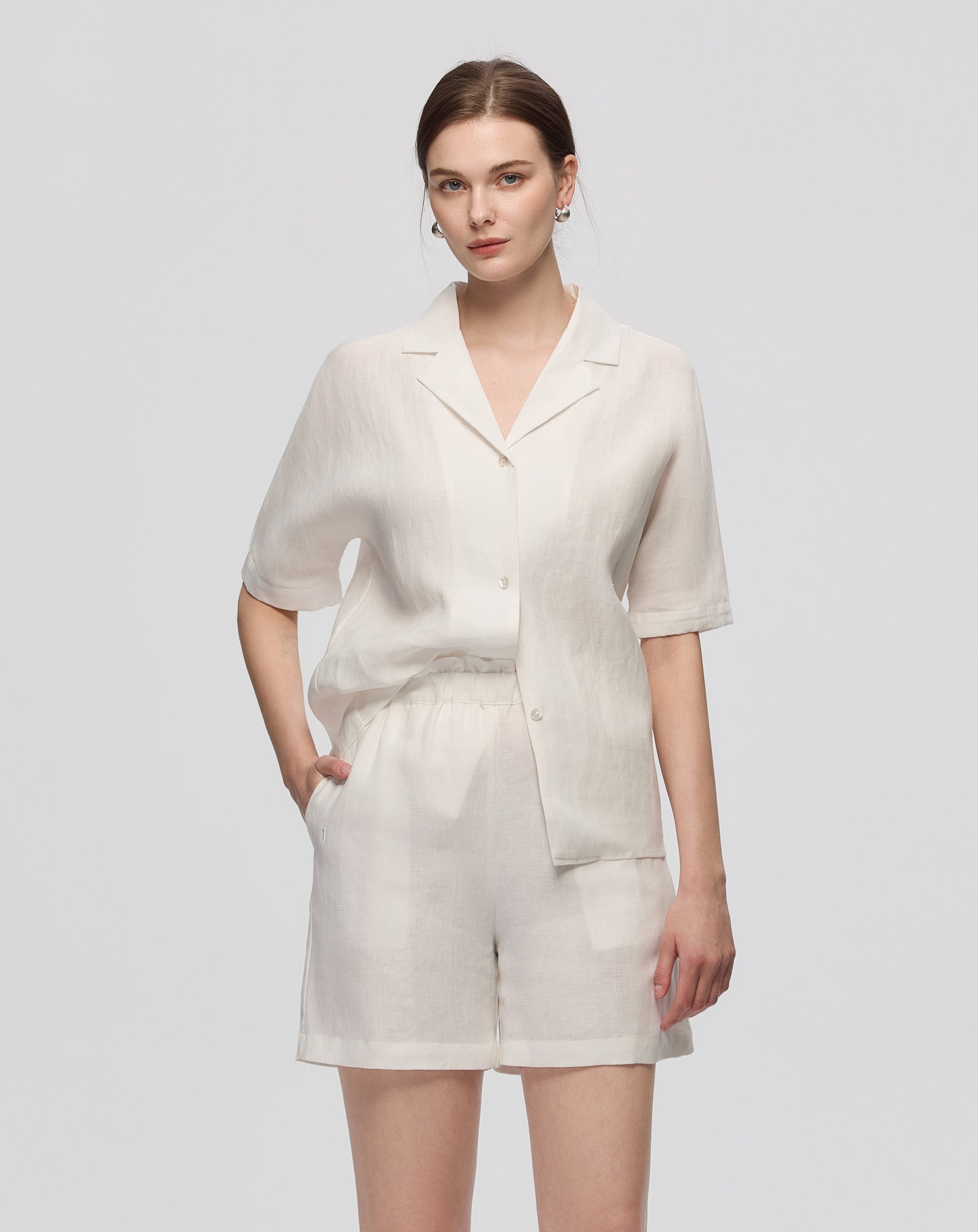 Juana Hemp Camp Shirt white (hemp) on model showing relaxed fit and camp collar neckline