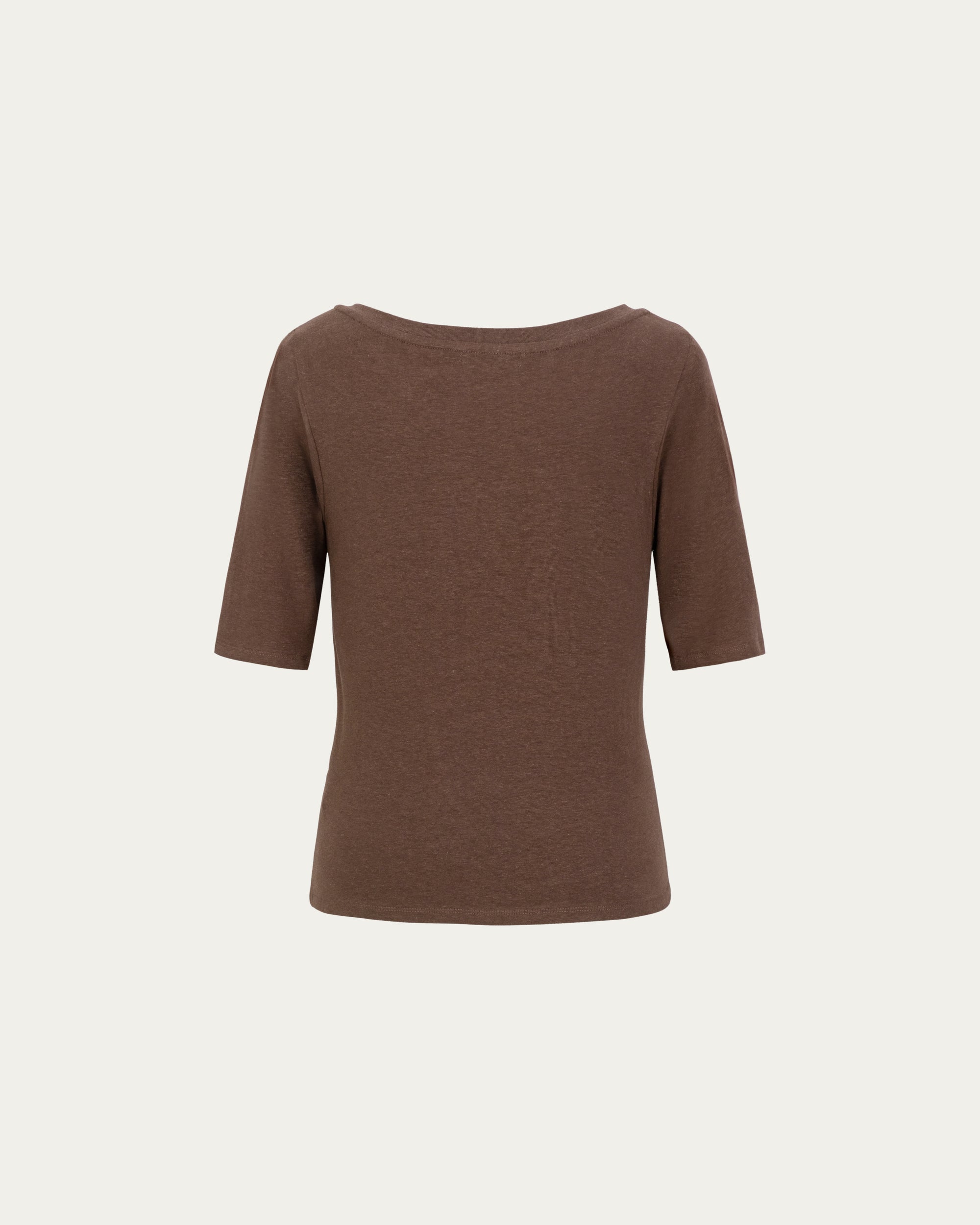 Asymmetrical Neckline Tee (cacao) on ghost mannequin, back view showing clean drape and construction.