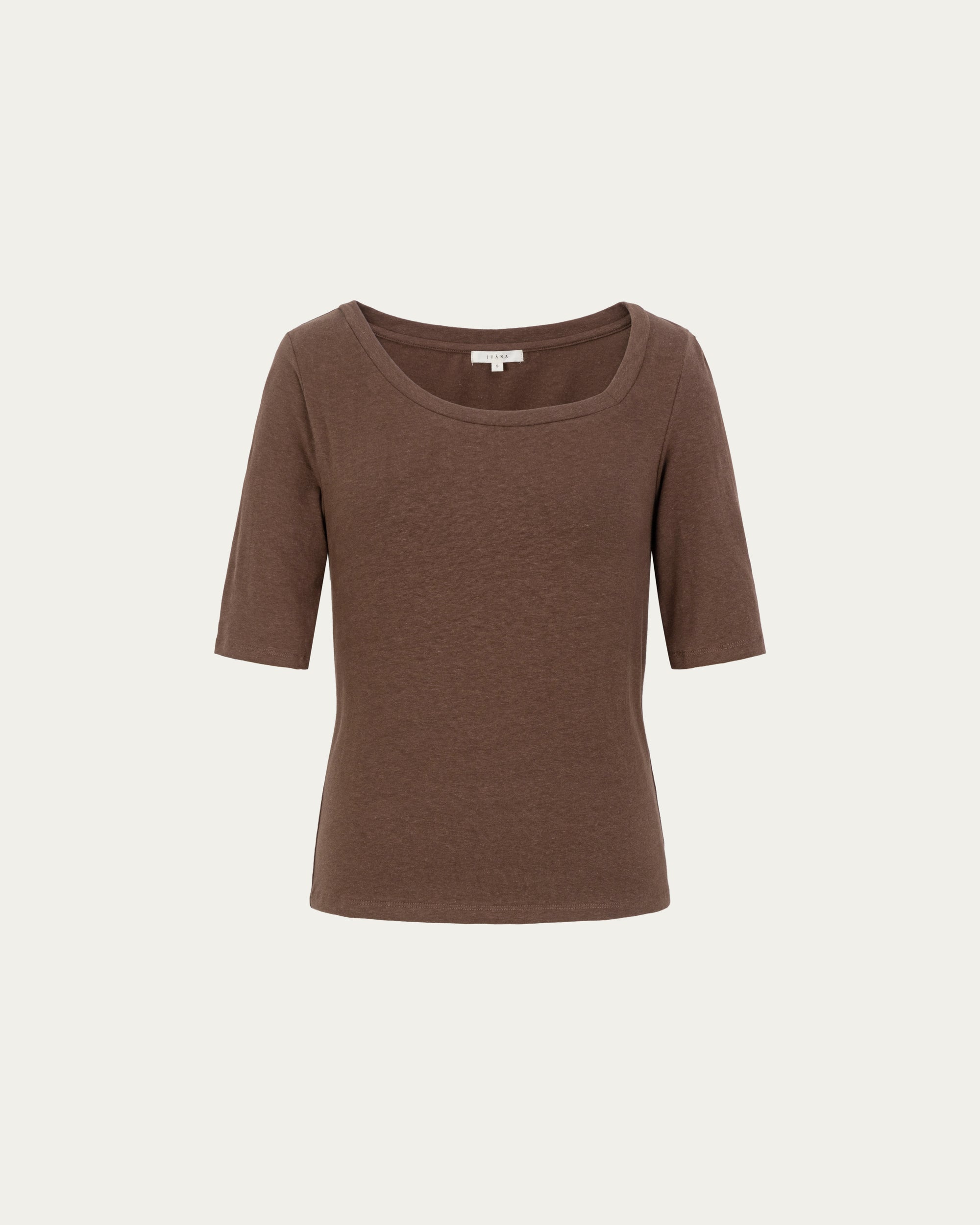 Asymmetrical Neckline Tee (cacao) on ghost mannequin, front view highlighting the off-center neckline.