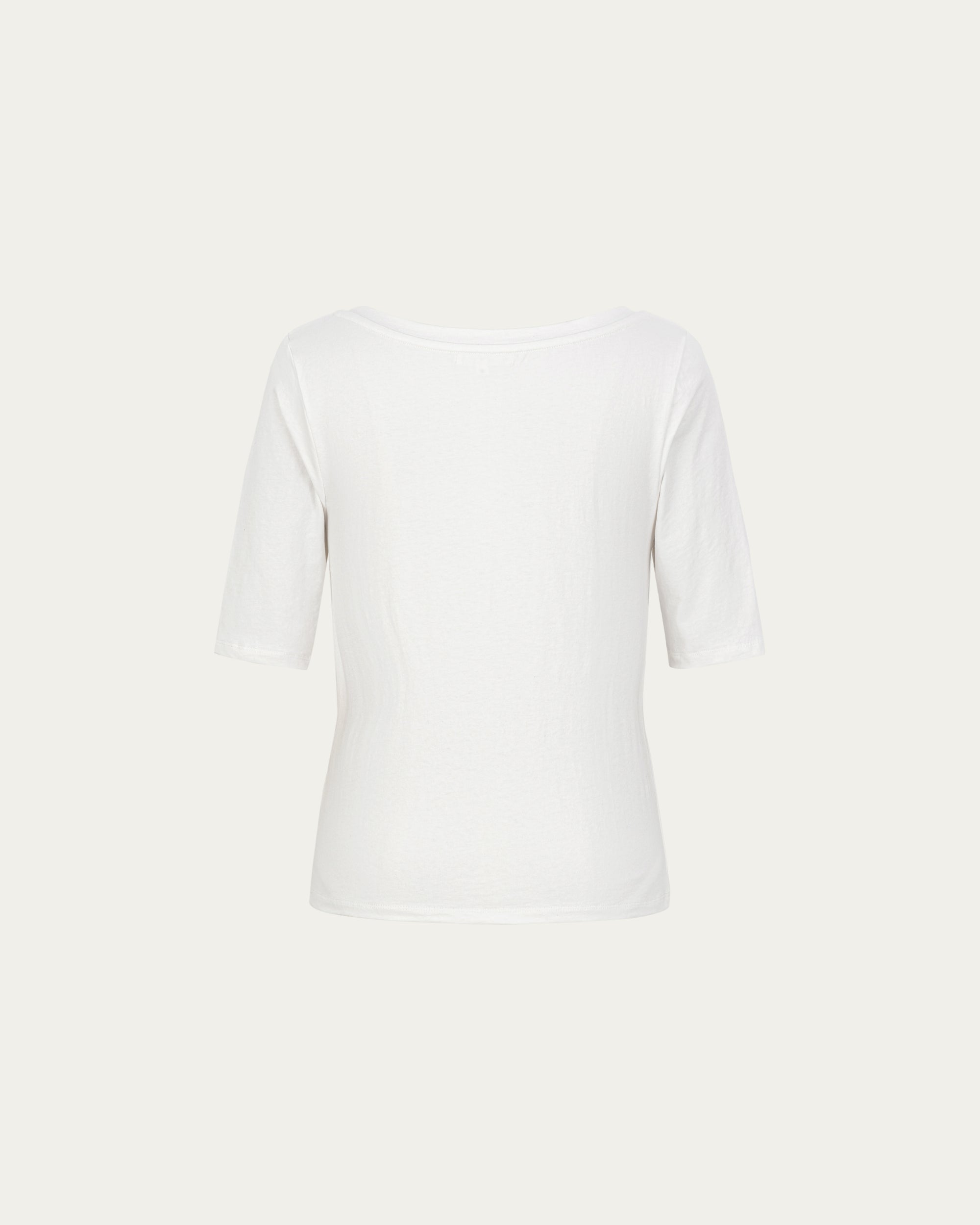 Asymmetrical Neckline Tee (white) on ghost mannequin, back view showing clean drape and construction.