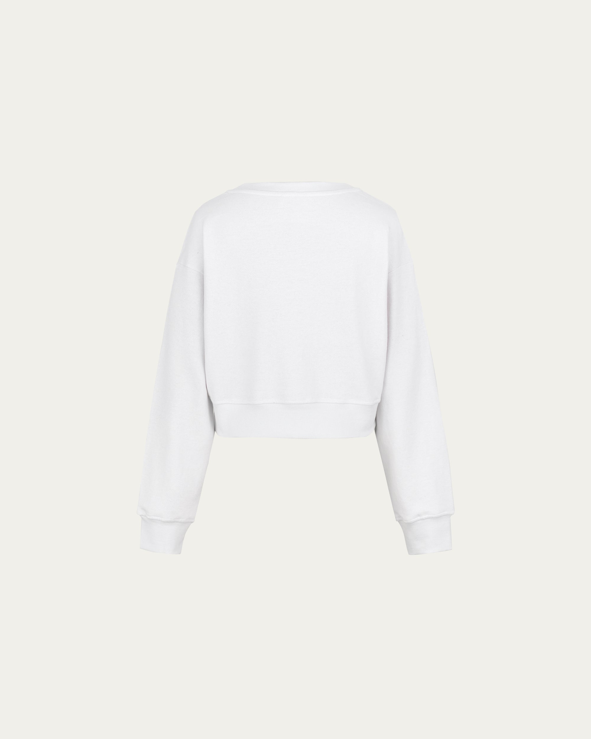 Fleece Cropped Sweater (white) on ghost mannequin, back view showing clean lines.