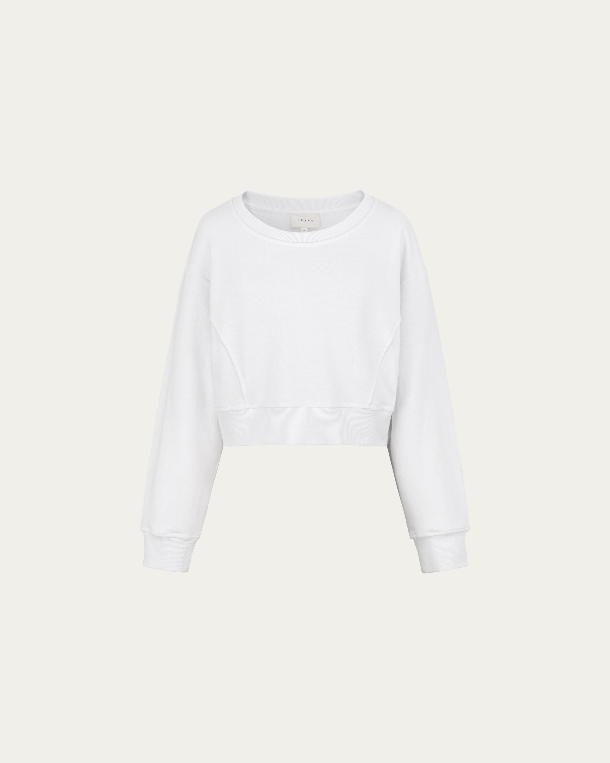 Fleece Cropped Sweater (white) on ghost mannequin, front view highlighting cropped silhouette.