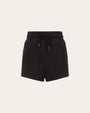 Fleece Shorts (black) on ghost mannequin, front view highlighting relaxed silhouette.
