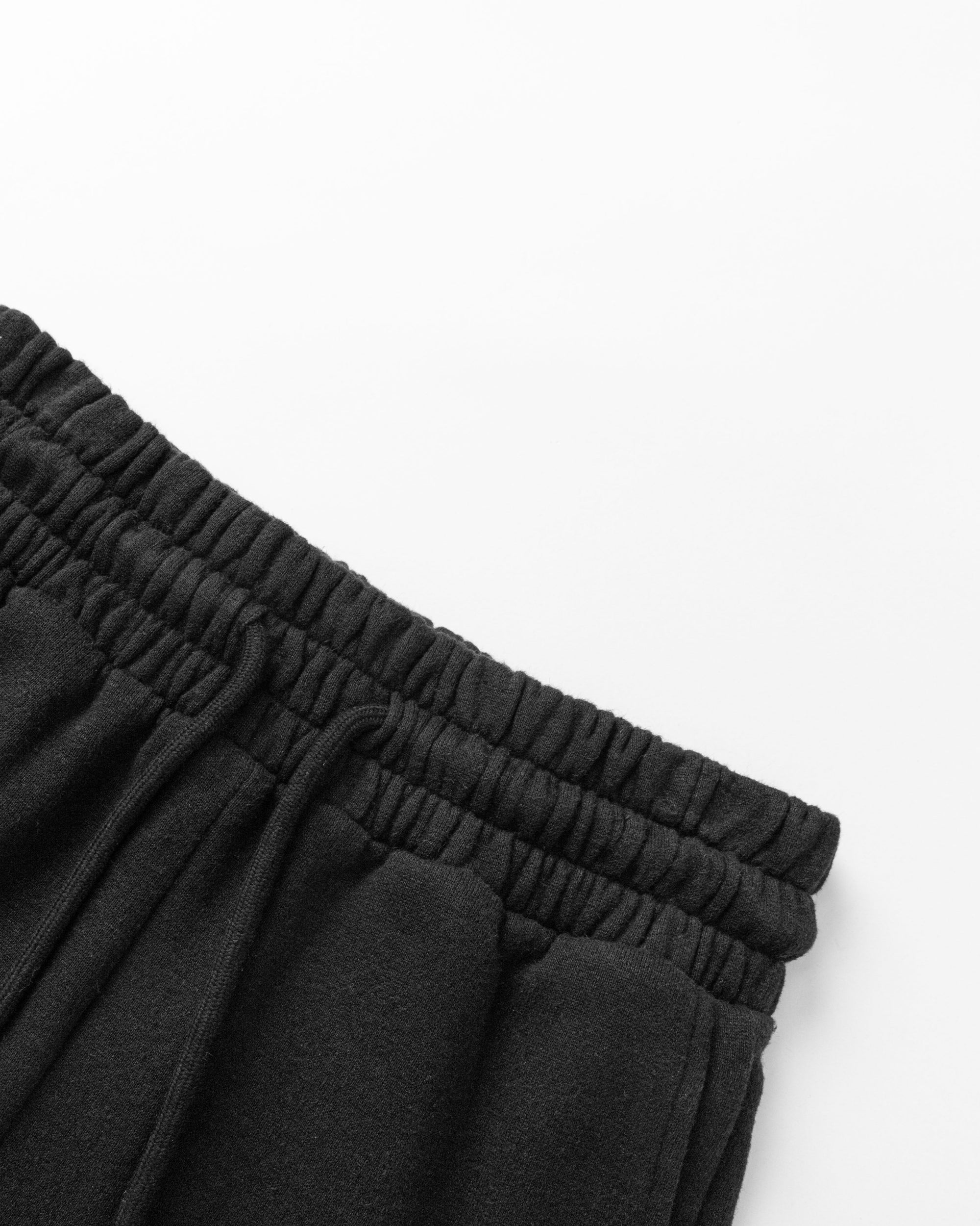 Detail shot of waistband and stitching on Fleece Shorts (black).