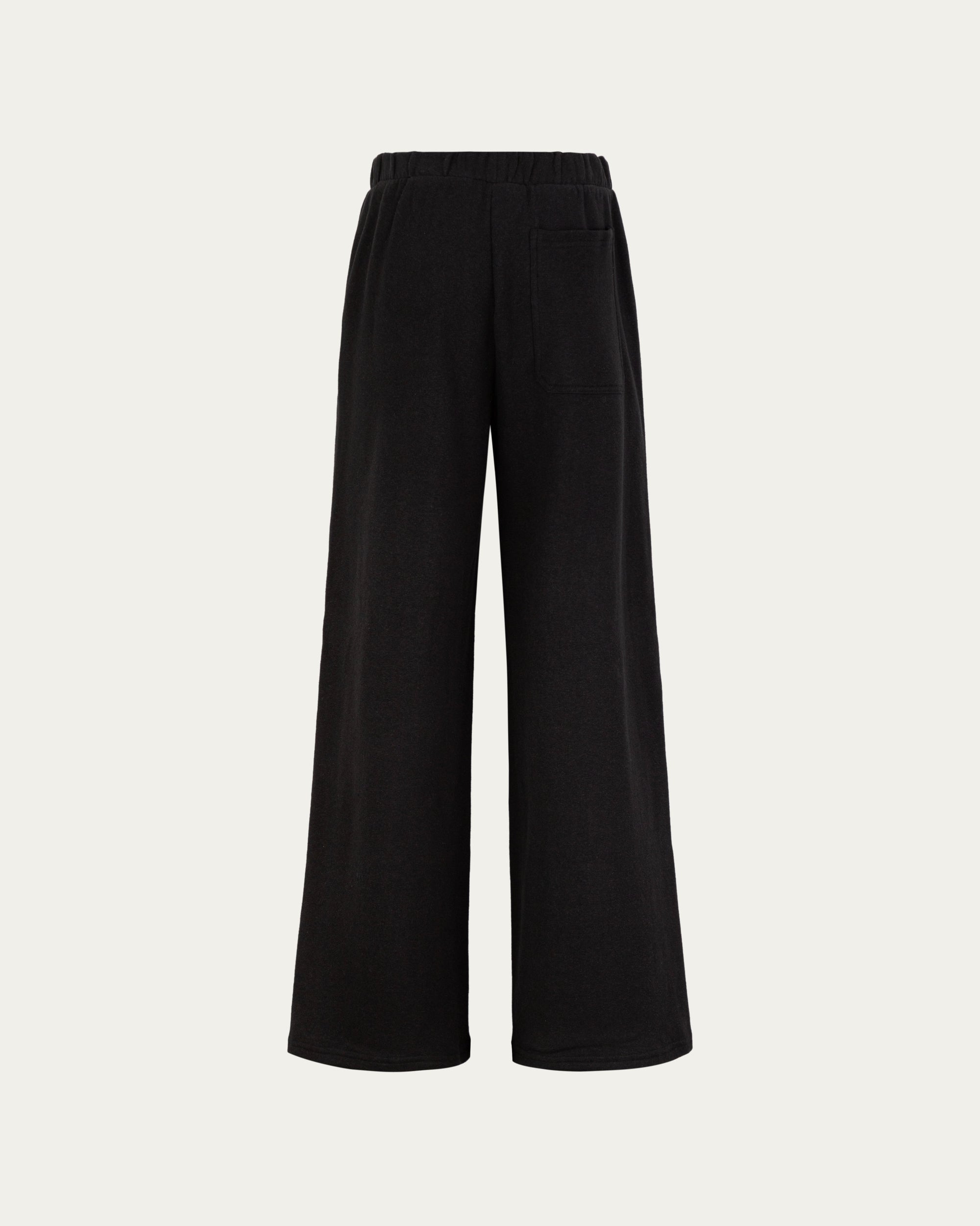 Fleece Sweatpants (black) on ghost mannequin, back view showing relaxed seat and clean seams.