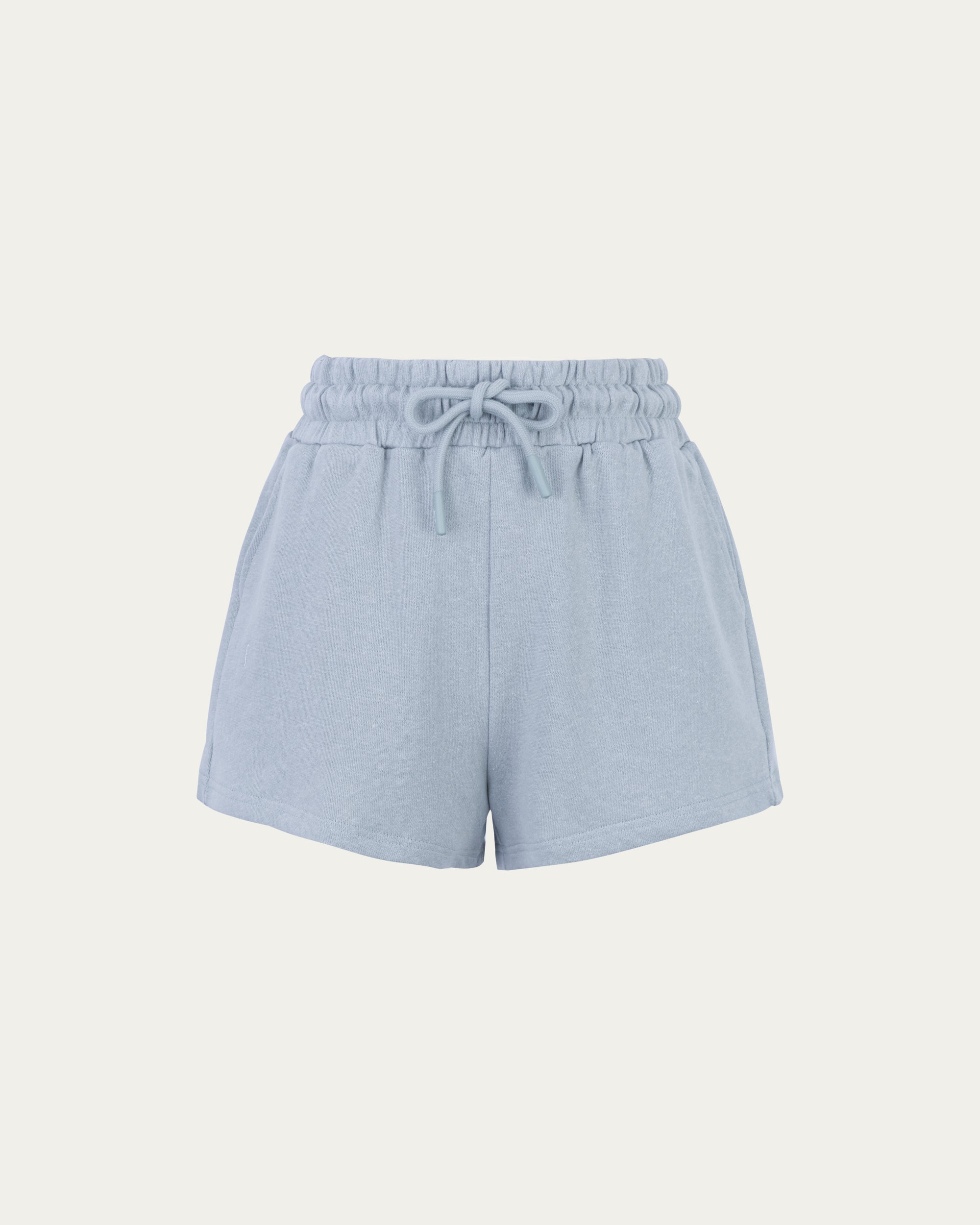 Juana Hemp Essentials French Terry Shorts blue (sustainable hemp–organic cotton) ghost front view showing clean minimal shape