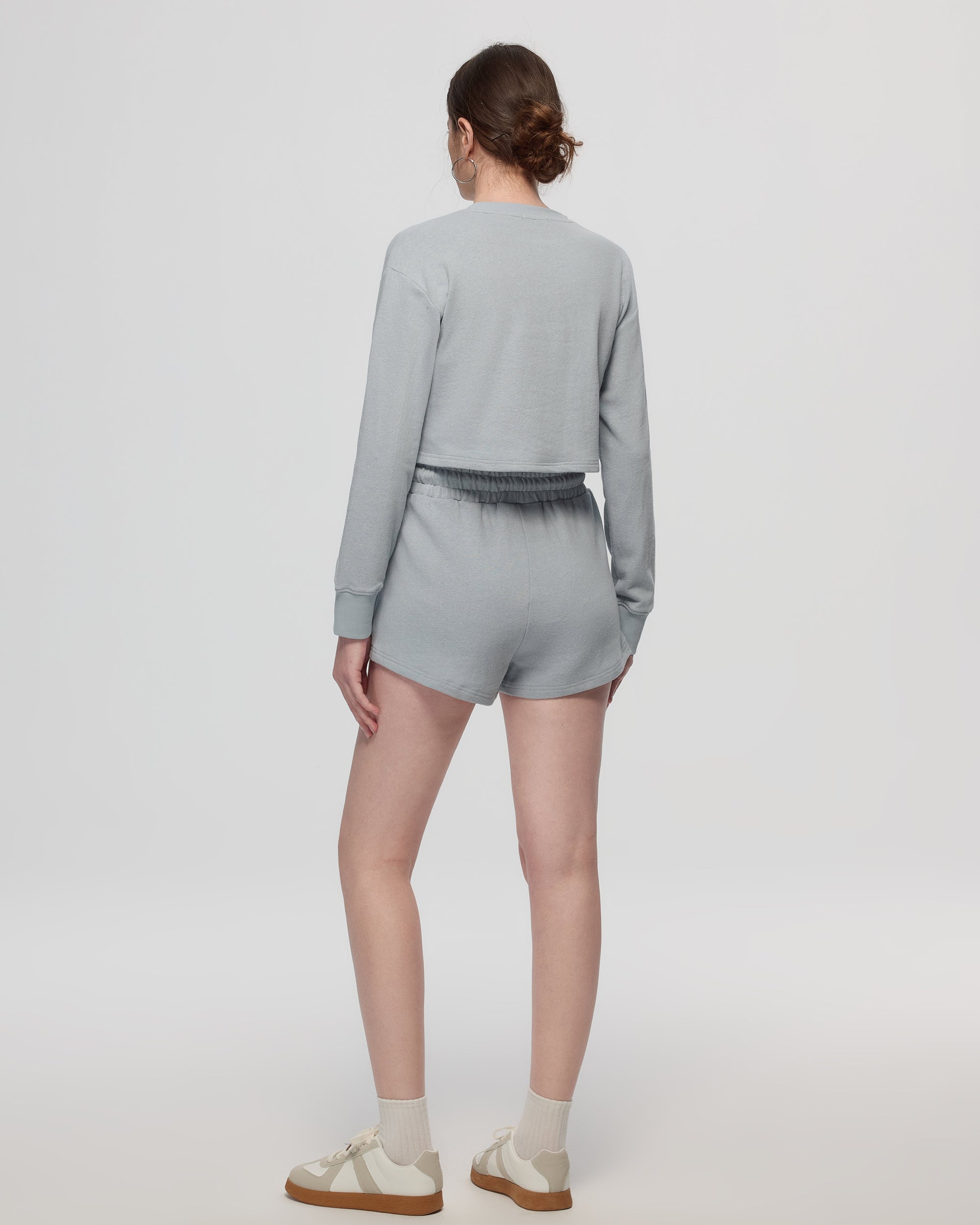 Juana Hemp Essentials French Terry Shorts blue (sustainable hemp–organic cotton) back view on model showing drape and coverage