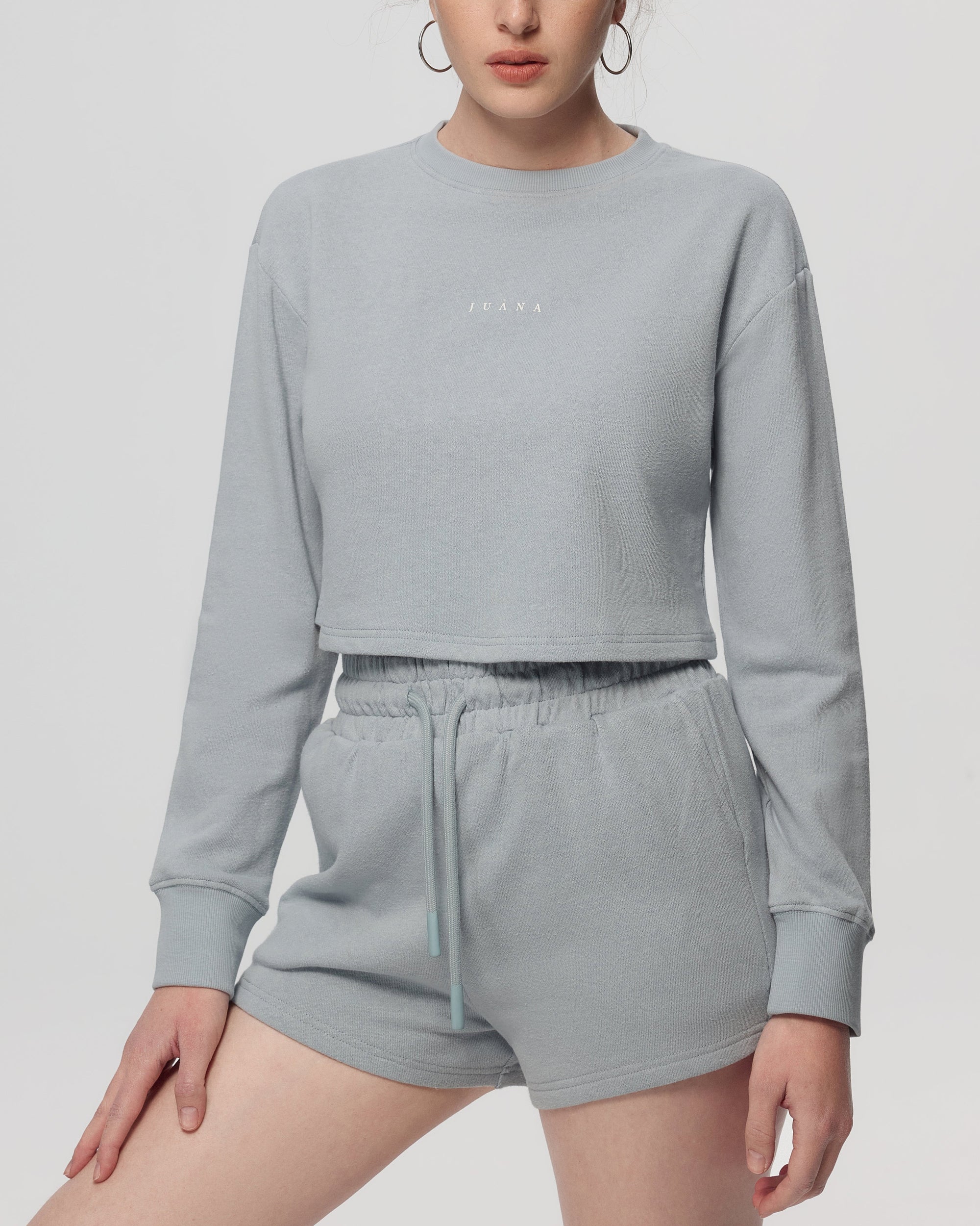Juana Hemp Essentials French Terry Shorts blue (sustainable hemp–organic cotton) styled with casual top showing pull-on comfort