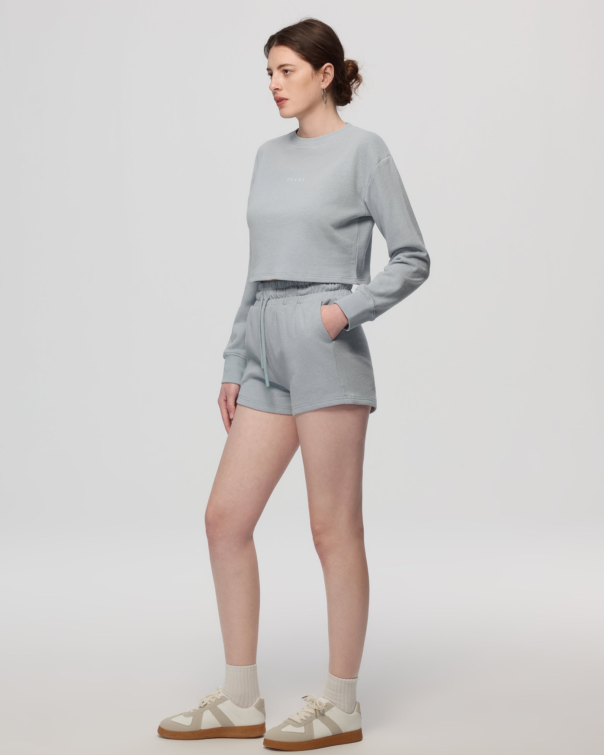 Juana Hemp Essentials French Terry Shorts blue (sustainable hemp–organic cotton) worn on model with relaxed fit and easy drape