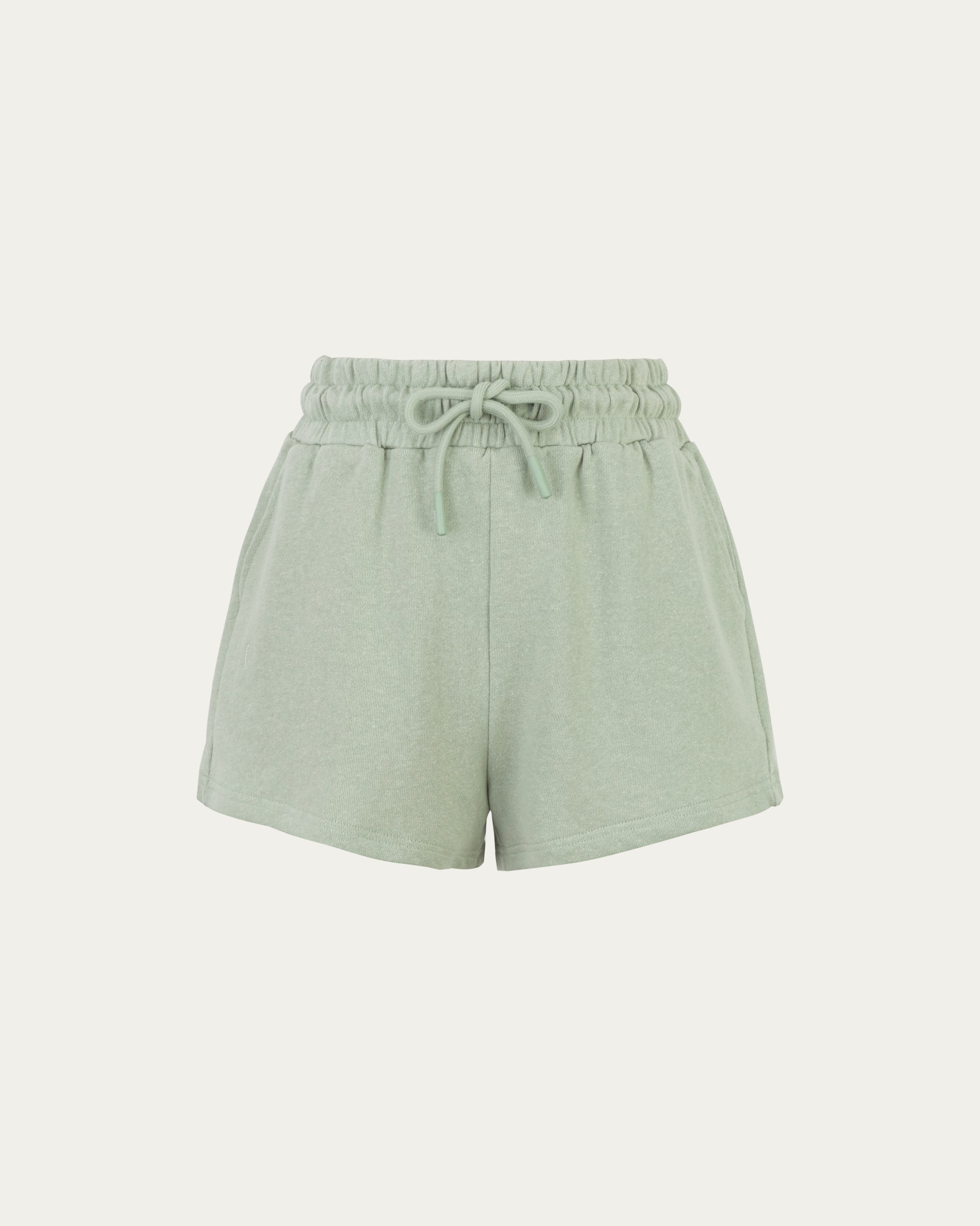 Juana Hemp Essentials French Terry Shorts light sage (sustainable hemp–organic cotton) ghost front view showing clean minimal shape