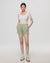Juana Hemp Essentials French Terry Shorts light sage (sustainable hemp–organic cotton) styled with Juana Classics Squareneck T-Shirt in white showing pull-on comfort