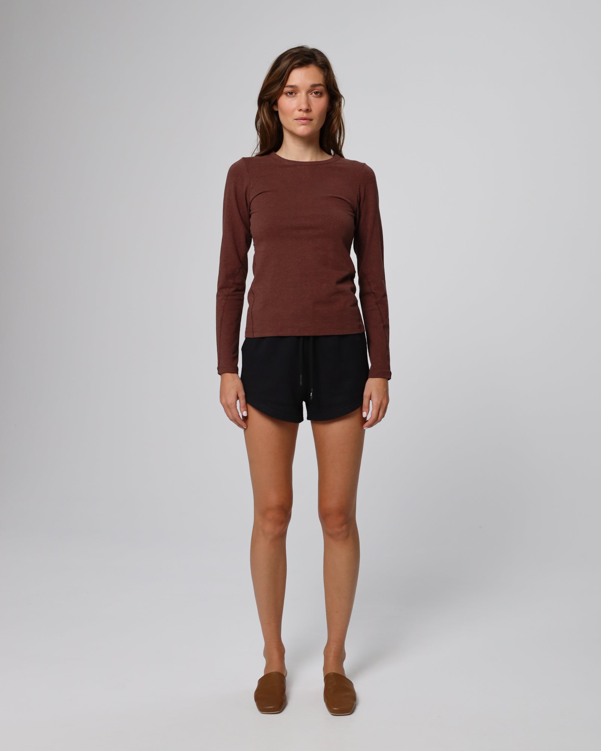 Full-body view of Long Sleeve Tee (cocoa) and Fleece Shorts (Black) styled head-to-toe for an everyday capsule look.