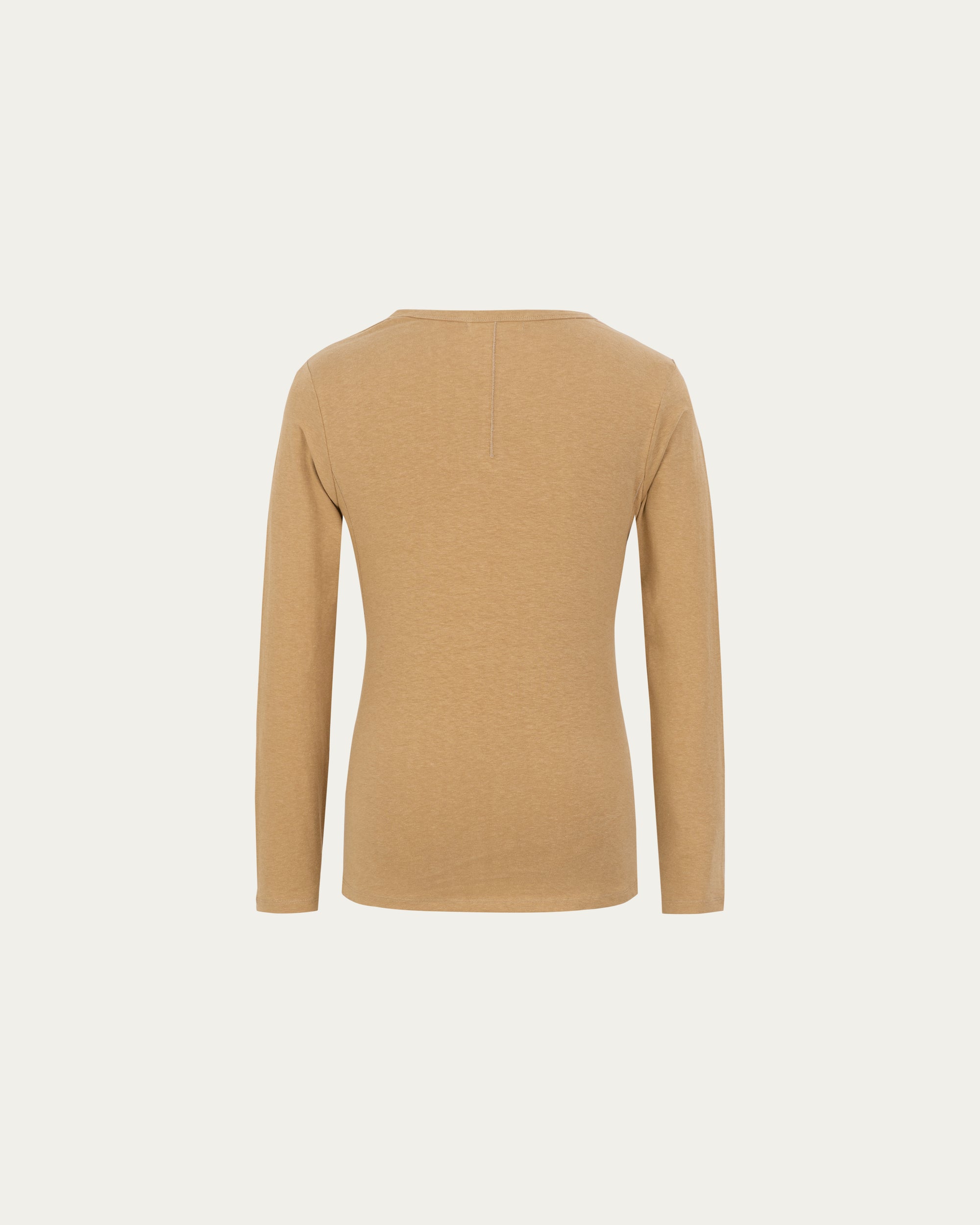 Long Sleeve Tee (fawn) on ghost mannequin, back view showing drape and construction.