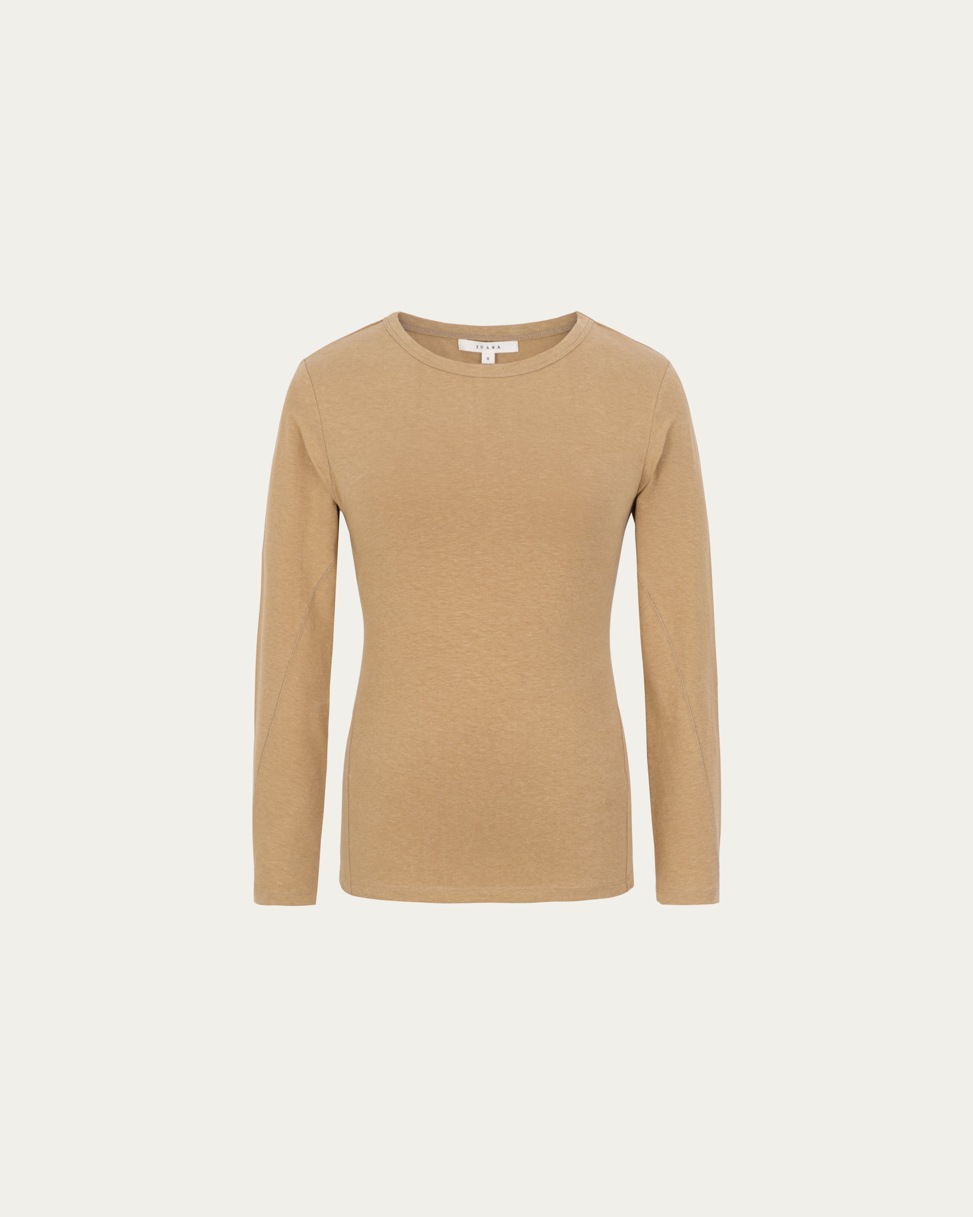 Long Sleeve Tee (fawn) on ghost mannequin, front view highlighting clean crewneck and long sleeves.