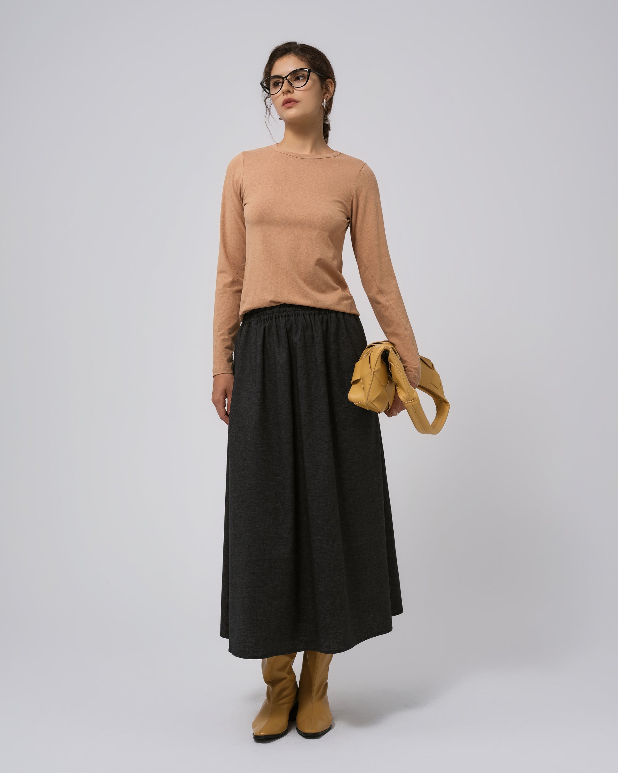 Full-body view of Juana Hemp Essentials Long Sleeve Tee (fawn, hemp–organic cotton); seasonless, minimalist outfit.