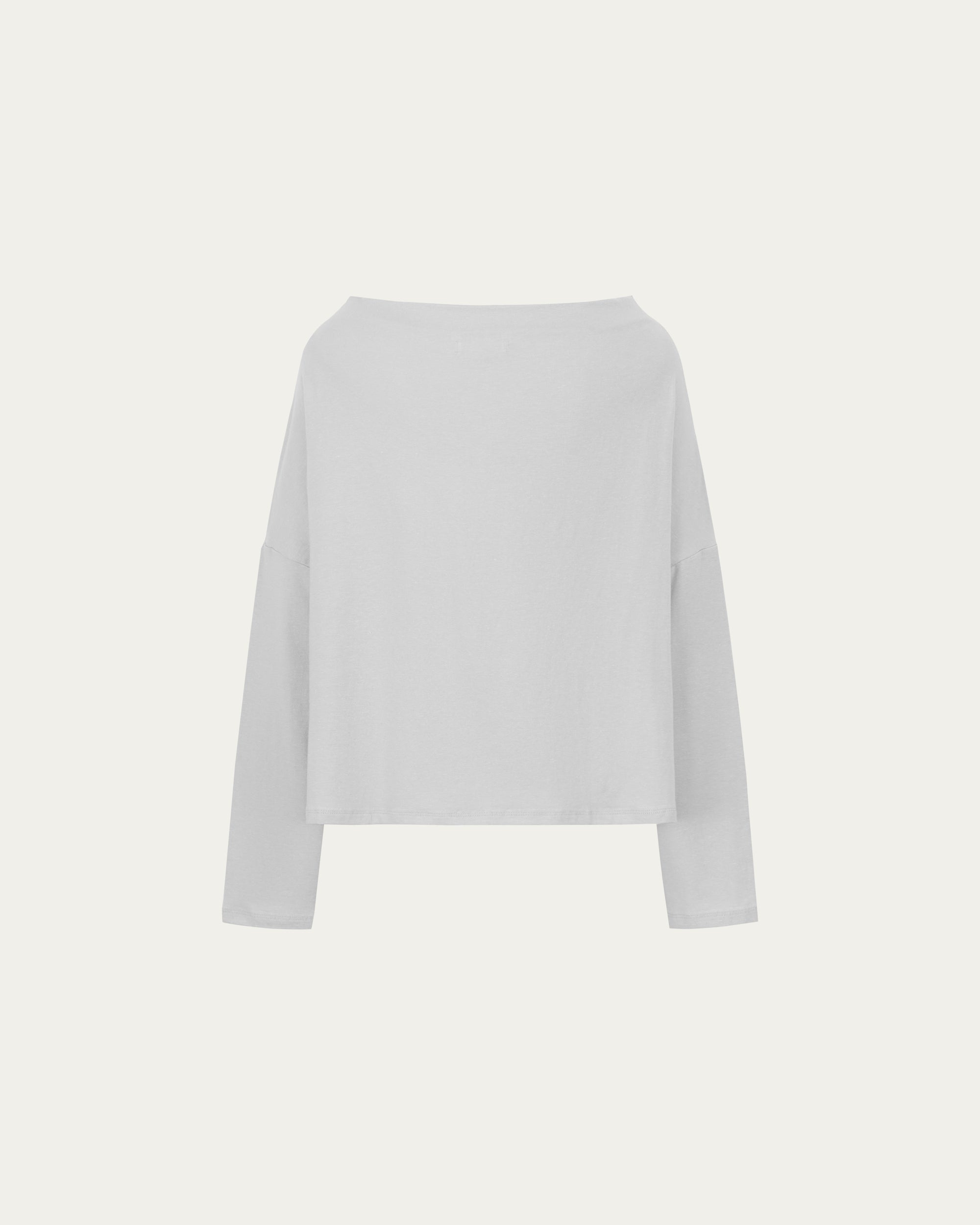 Off The Shoulder Top (ash) on ghost mannequin, front view highlighting neckline and clean lines.