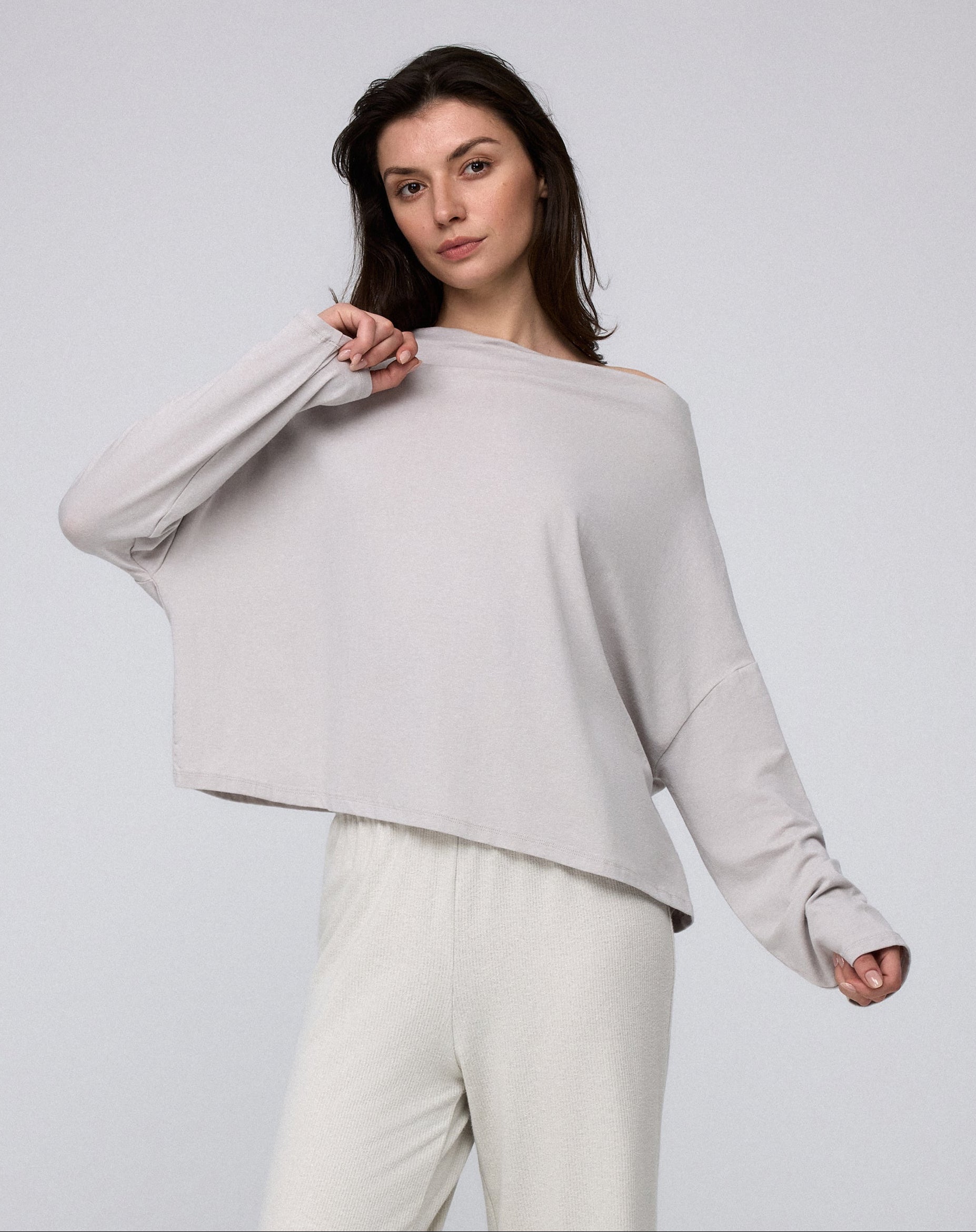 Full-body view of Juana Hemp Essentials Off The Shoulder Top (ash, hemp–organic cotton); seasonless, minimalist outfit.