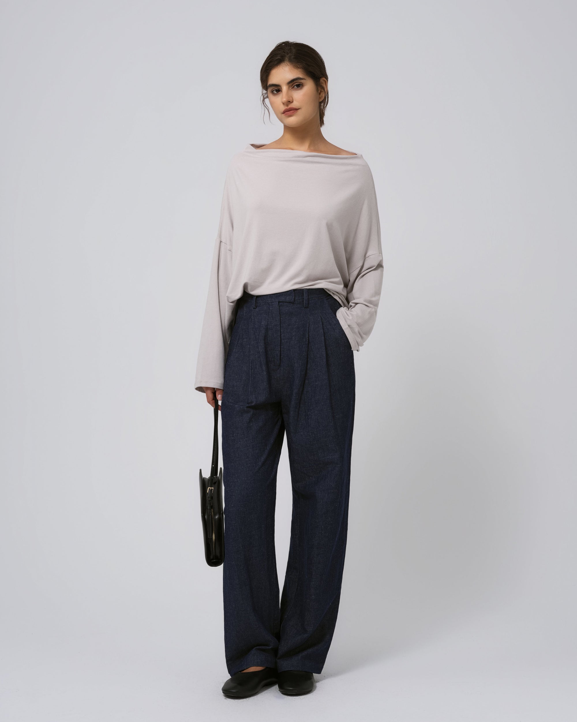 Full-body view of Juana Hemp Essentials Off The Shoulder Top (ash, hemp–organic cotton); seasonless, minimalist outfit.