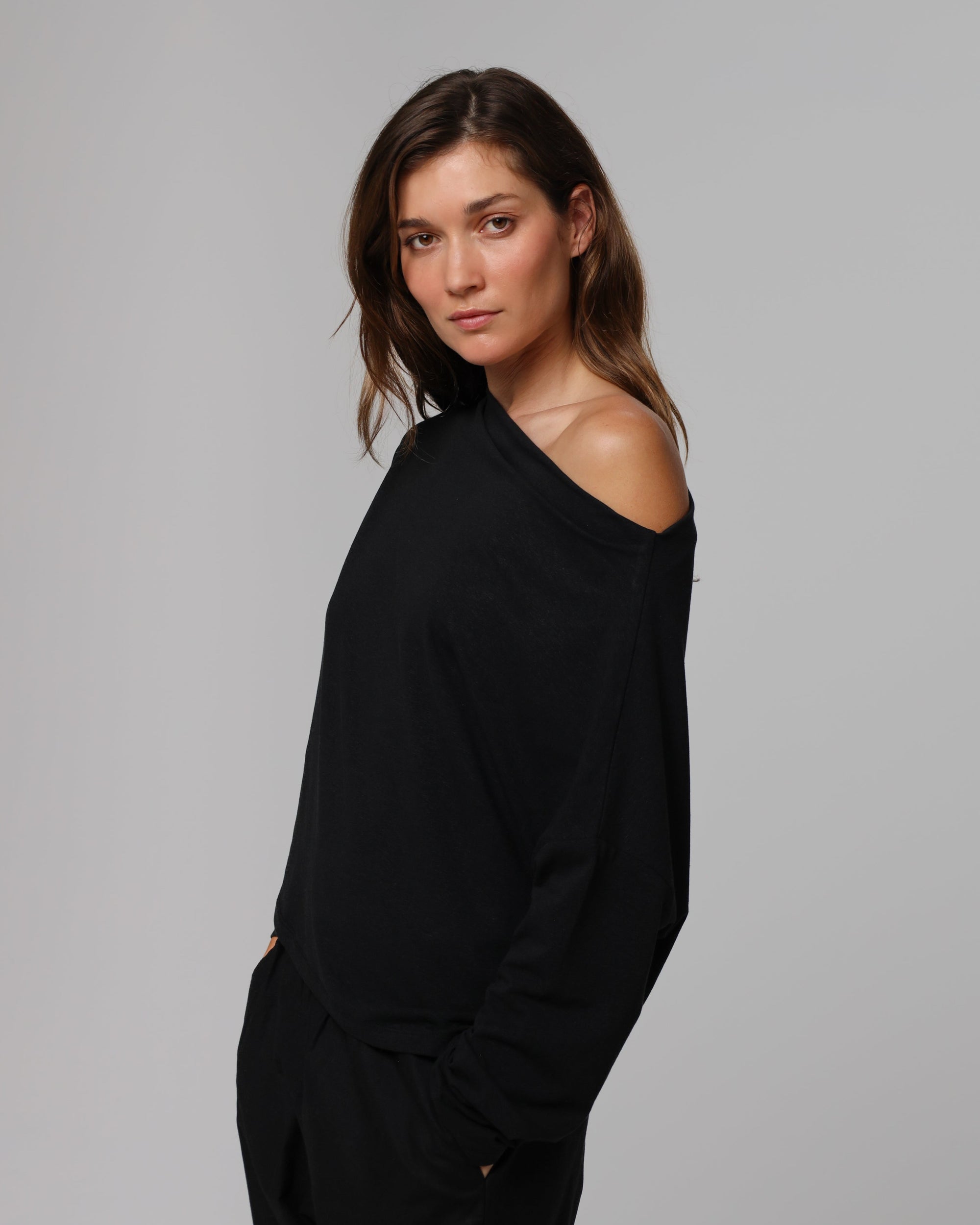 Detail shot of off-shoulder neckline and sleeve finish on Off The Shoulder Top (black).