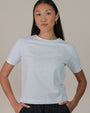 Model wearing Juana Hemp Essentials Short Sleeve Tee in natural hemp and organic cotton blend, styled for a clean everyday look.