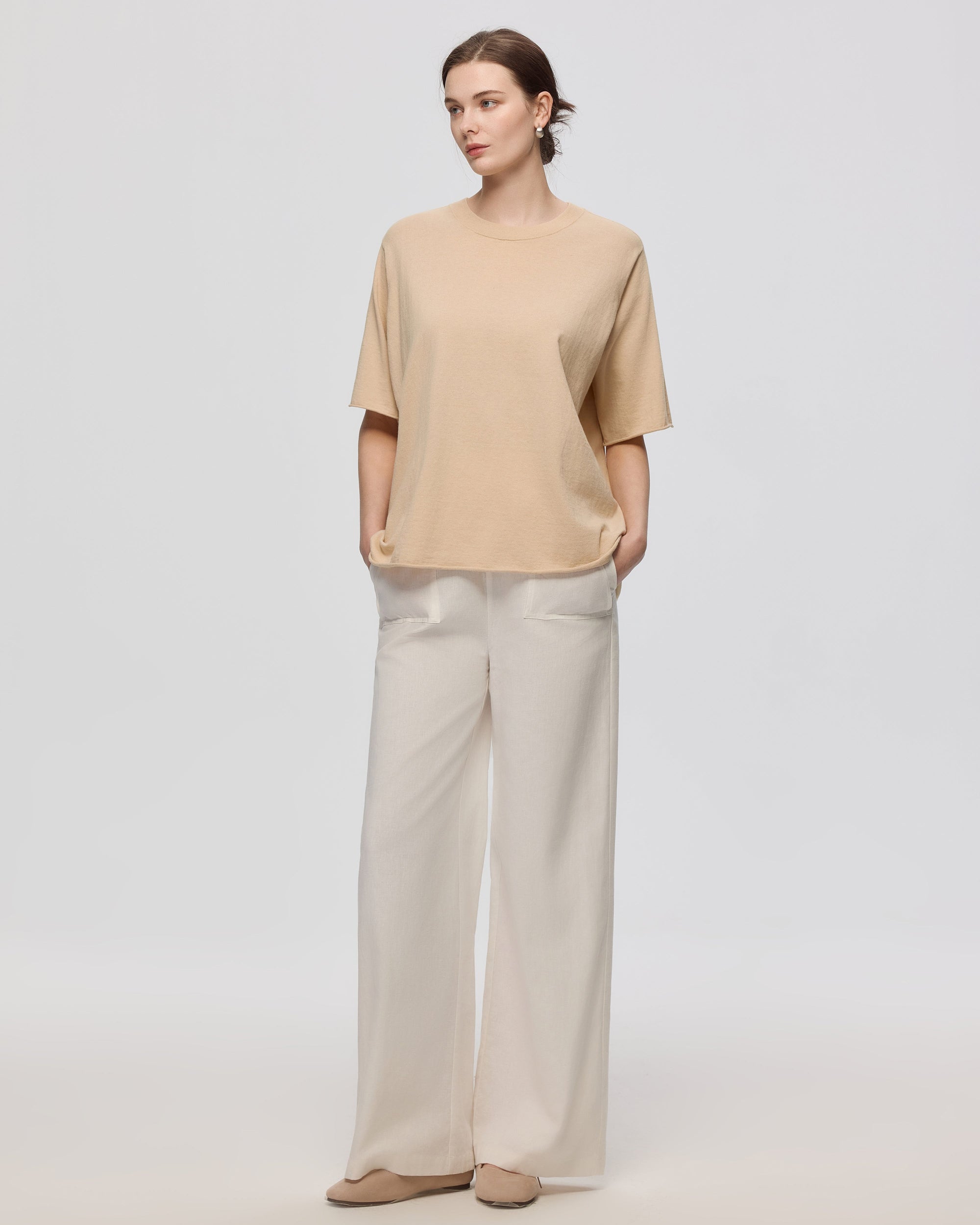 Juana Hemp Essentials Sweater Knit Tee amber (sustainable cotton–hemp) complete look on model showing boxy silhouette and clean styling