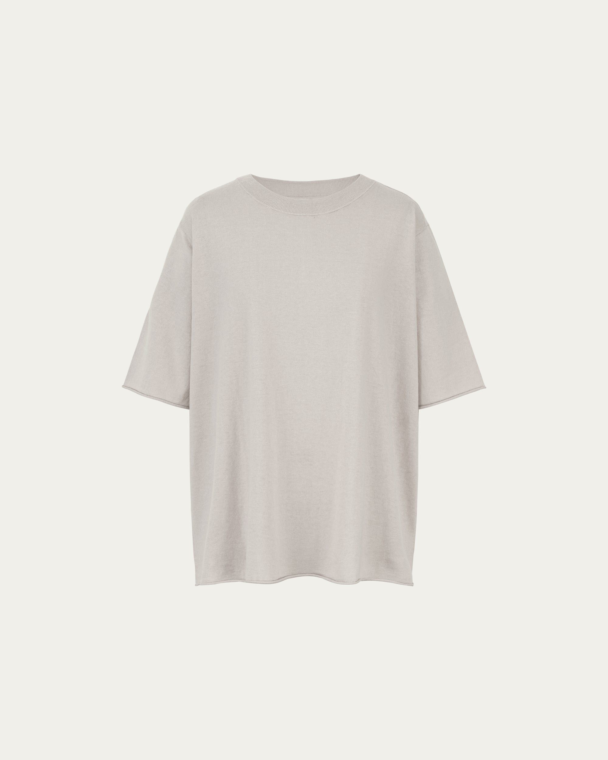 Juana Hemp Essentials Sweater Knit Tee gray (sustainable cotton–hemp) ghost front view showing boxy silhouette and drape