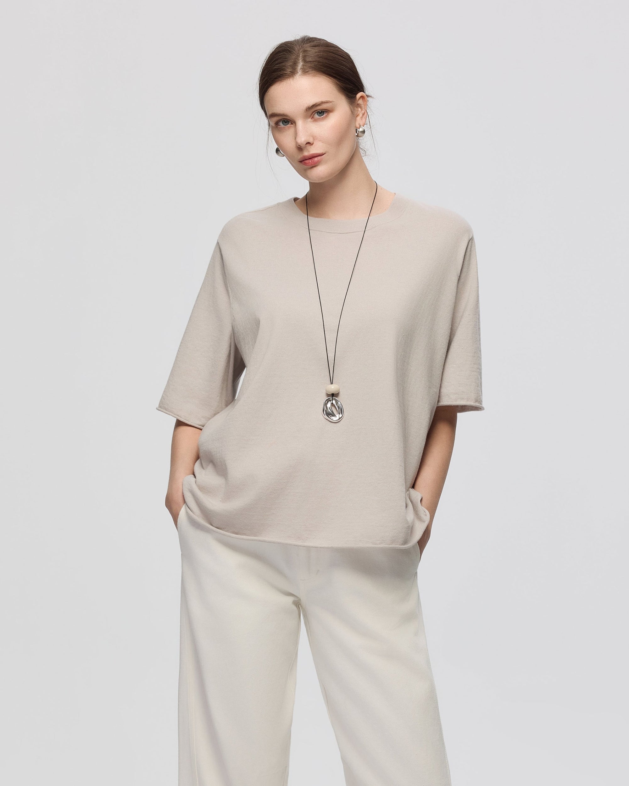 Juana Hemp Essentials Sweater Knit Tee gray (sustainable cotton–hemp) on model styled for everyday wear with relaxed proportions
