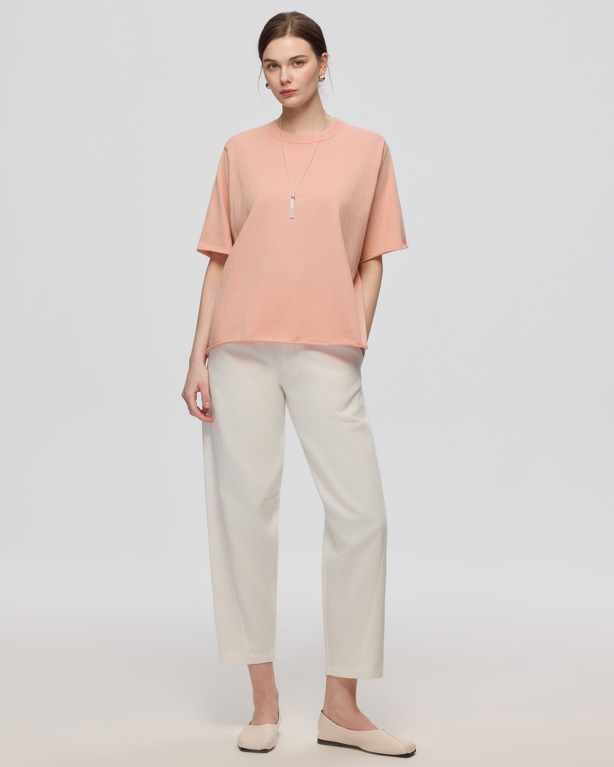Juana Hemp Essentials Sweater Knit Tee peach (sustainable cotton–hemp) complete look on model showing boxy silhouette and clean styling