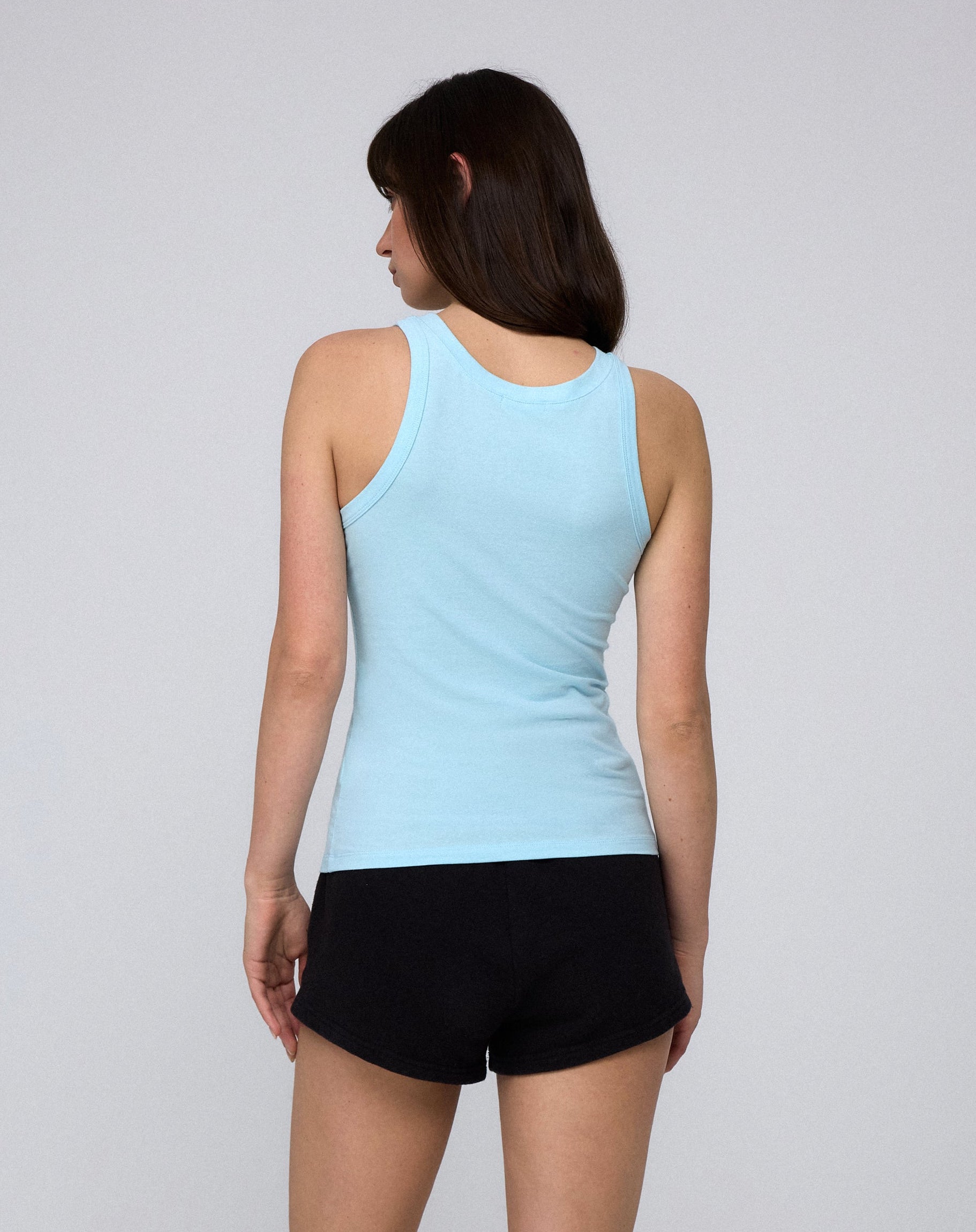 Juana Hemp Essentials Tank sky blue (organic cotton–hemp blend) back view on model showing clean finish
