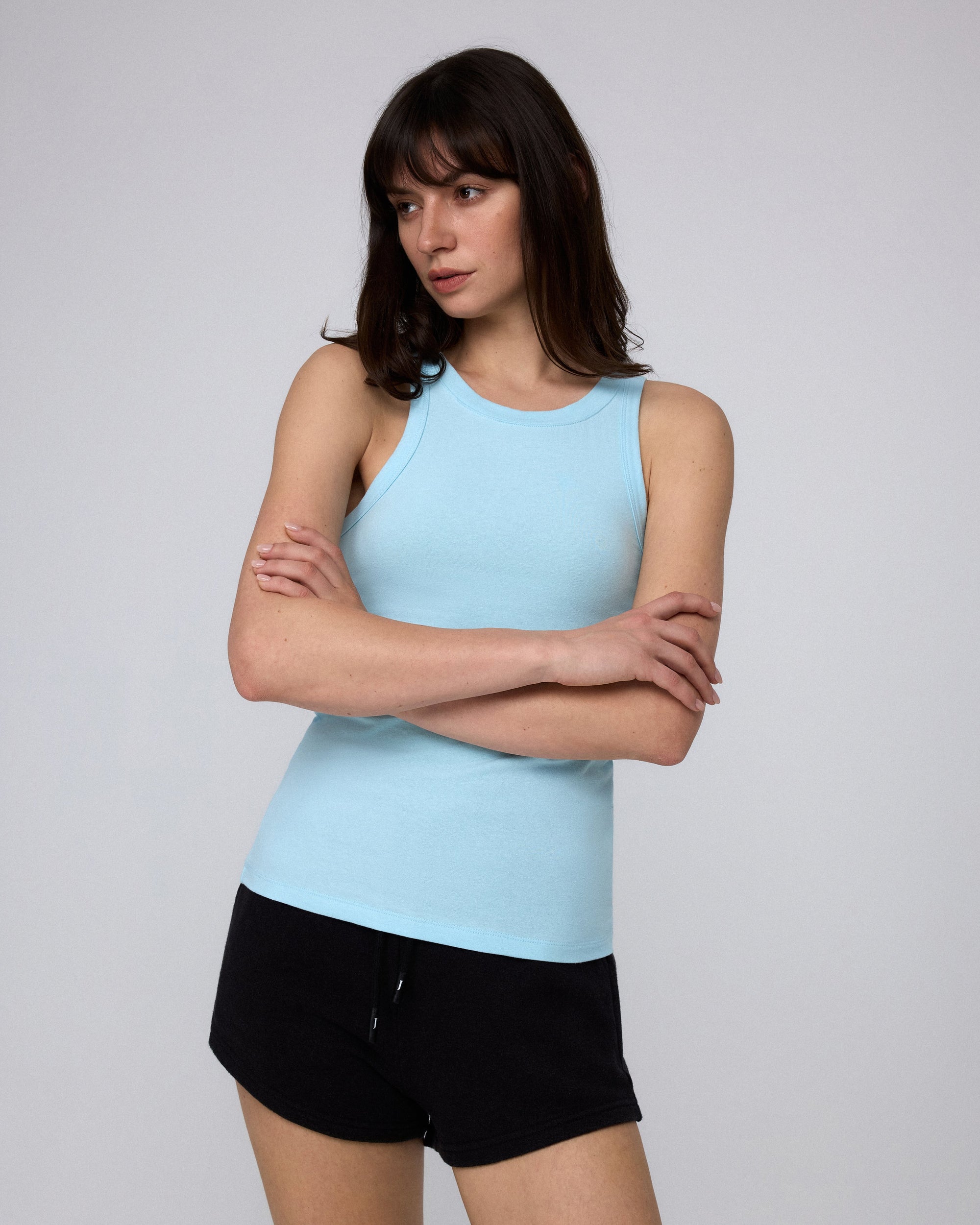 Juana Hemp Essentials Tank sky blue (organic cotton–hemp blend) styled look with clean neckline