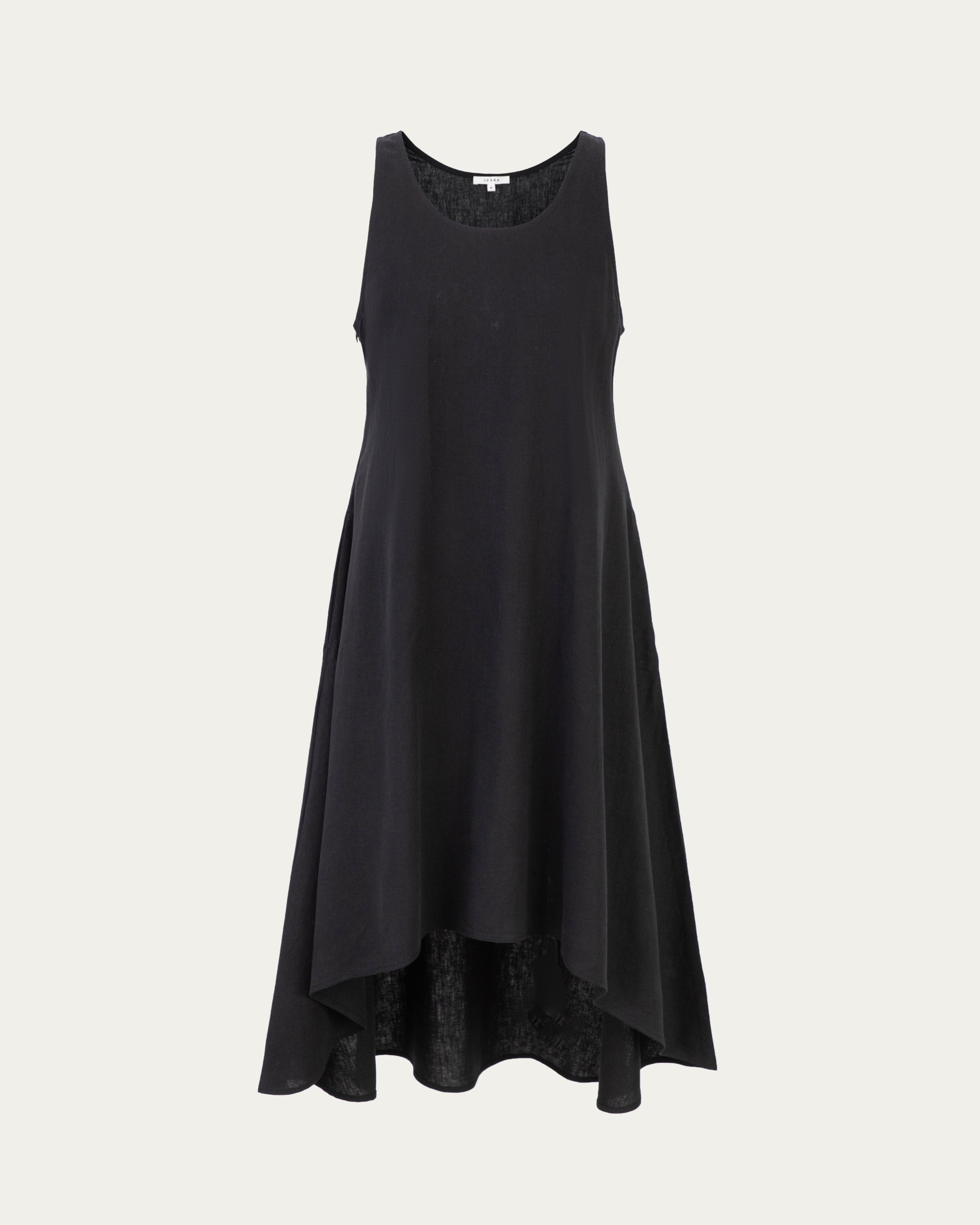 Juana Hemp High Low Dress black (hemp–cotton) front view showing racerback-inspired tank shape