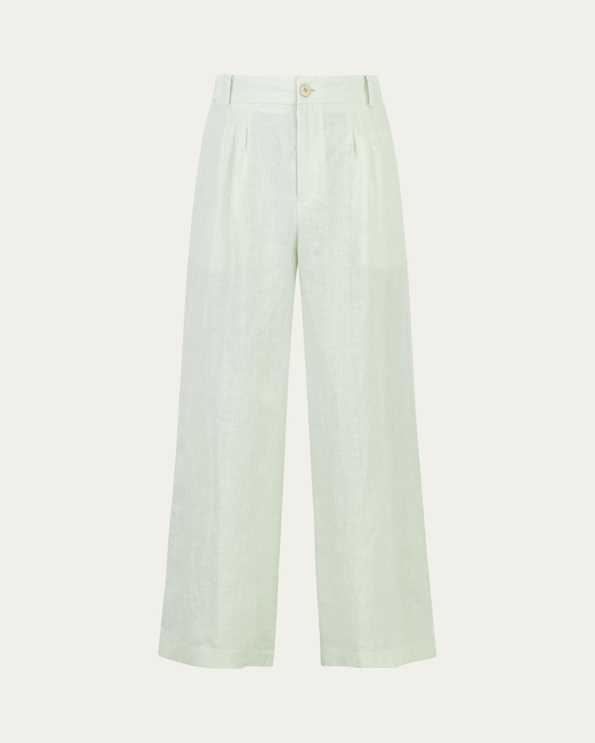 Juana Hemp High Rise Pants Light Mint (hemp) ghost front showing high-rise silhouette and pleated front.