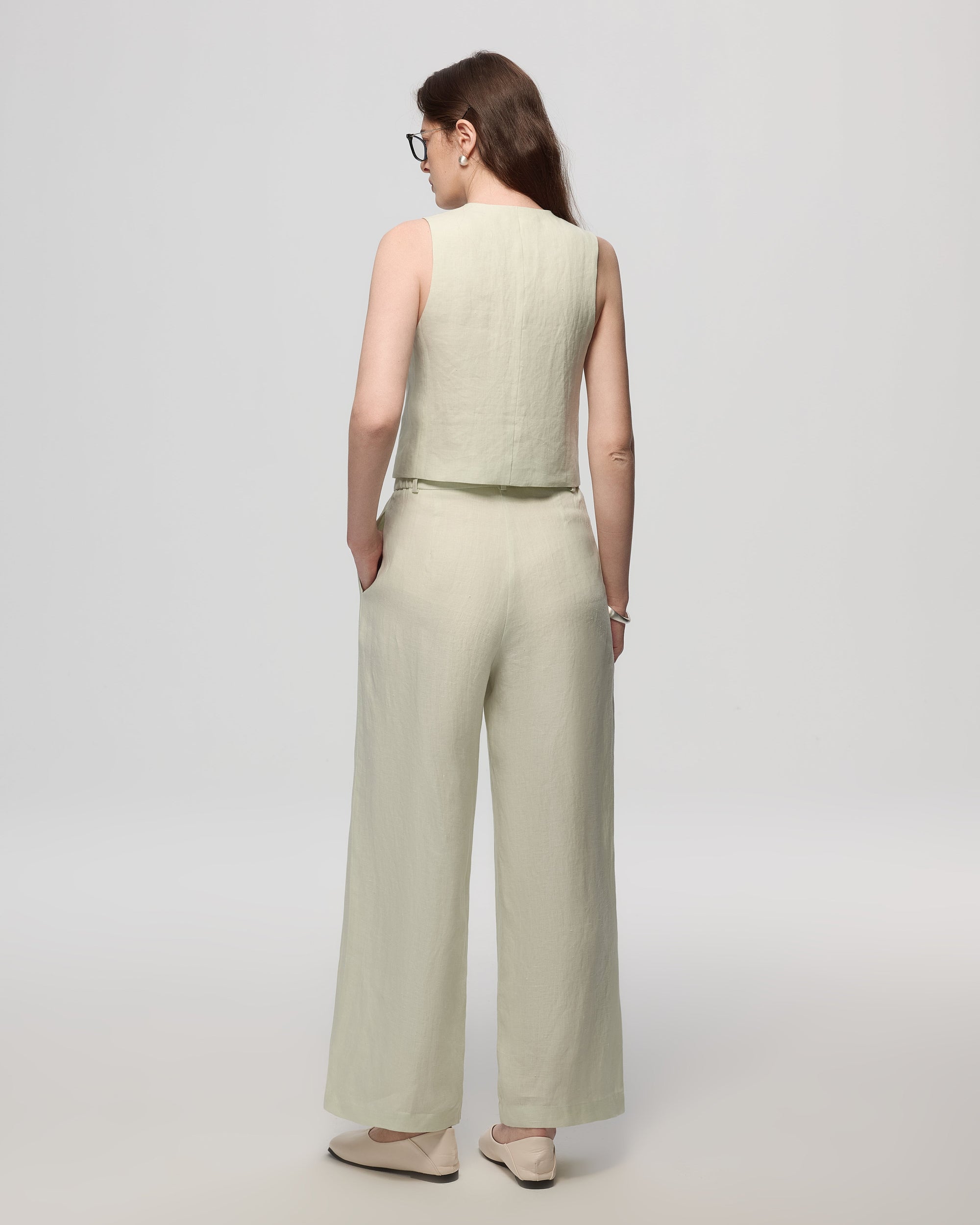 Juana Hemp High Rise Pants Light Mint (hemp) back view showing relaxed tapered leg.