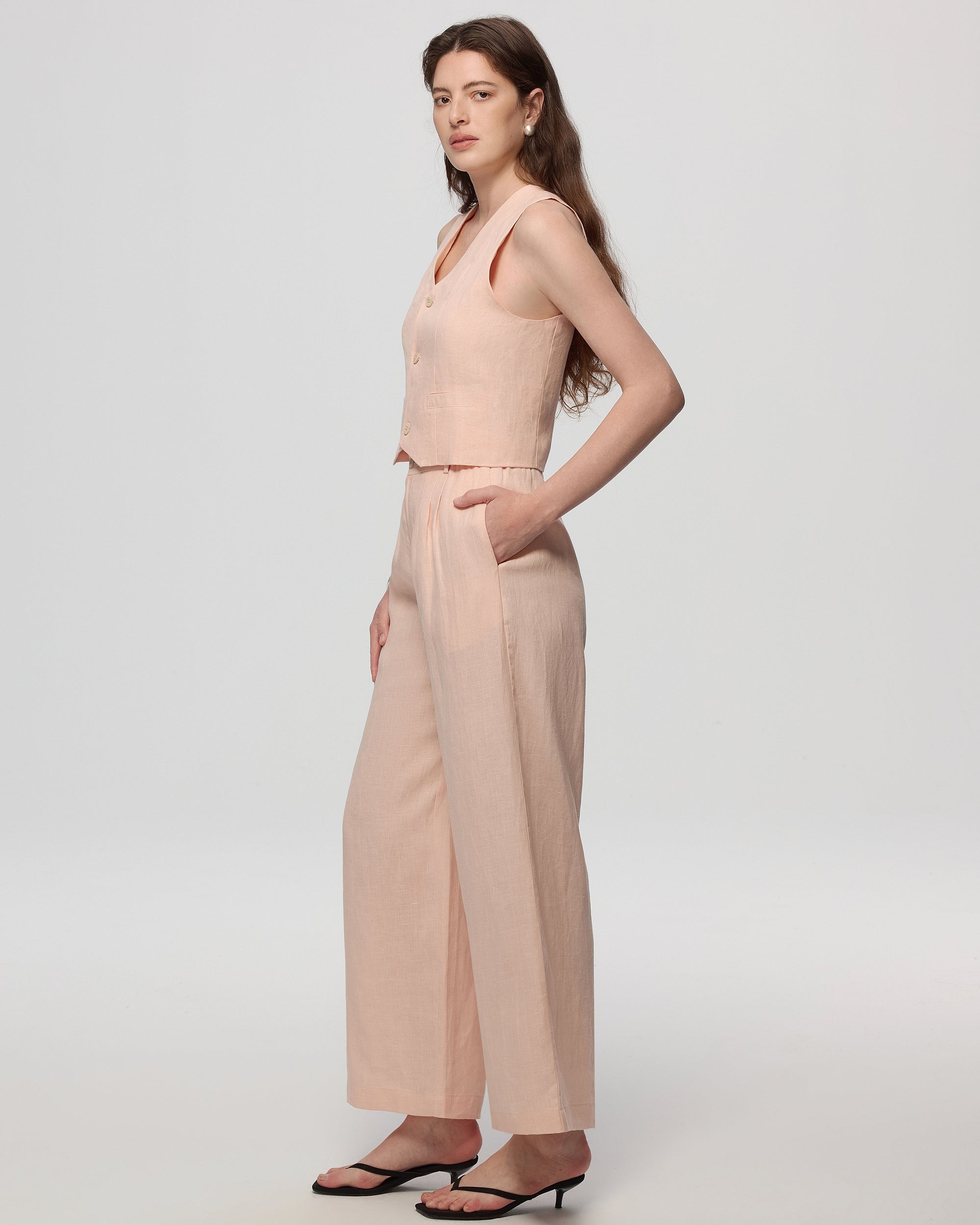 Juana Hemp High Rise Pants Light Peach (hemp) side view showing high-rise waist and natural drape.