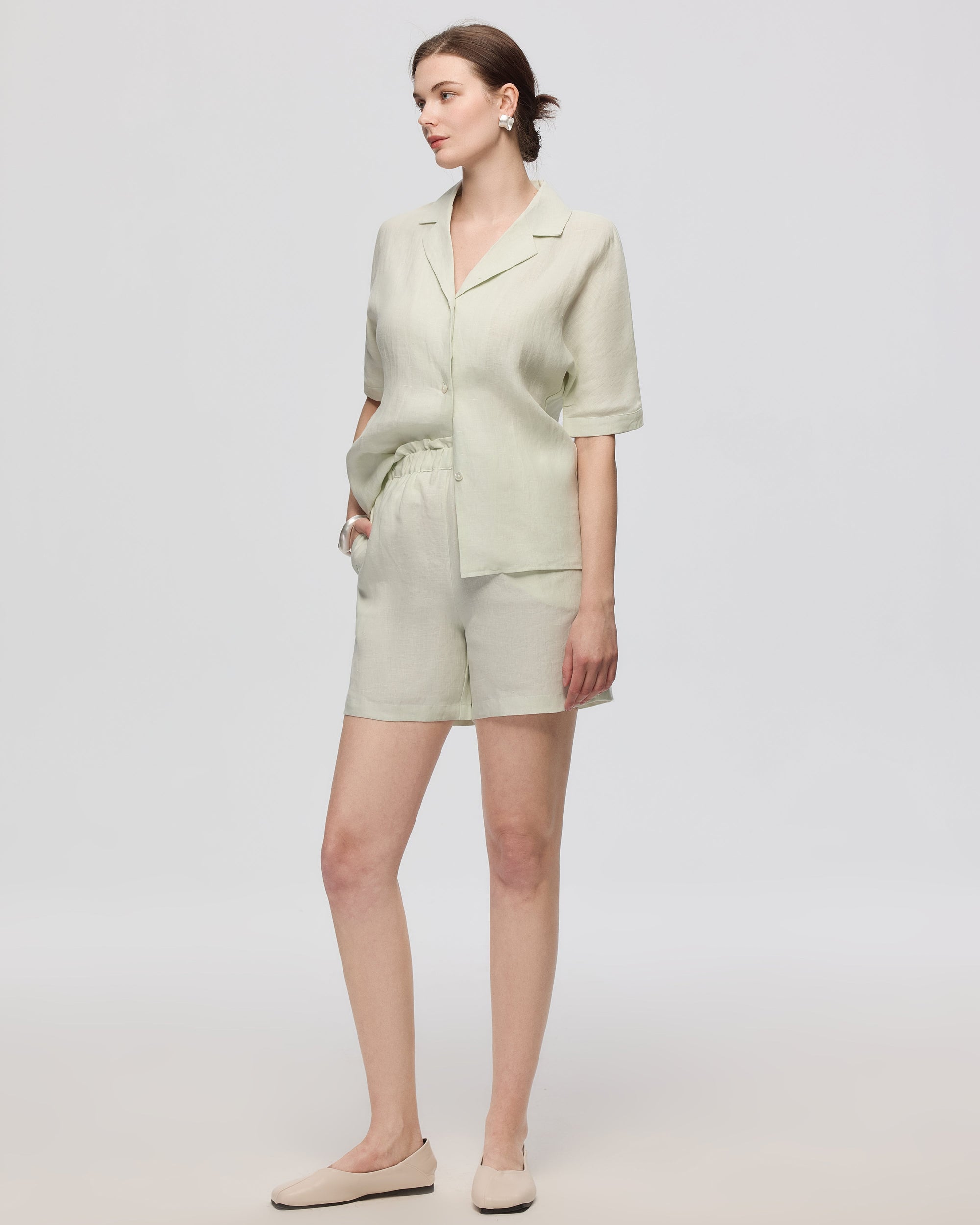 Juana Hemp Pull-on Shorts light mint (hemp–hemp) on model styled for warm-weather daywear