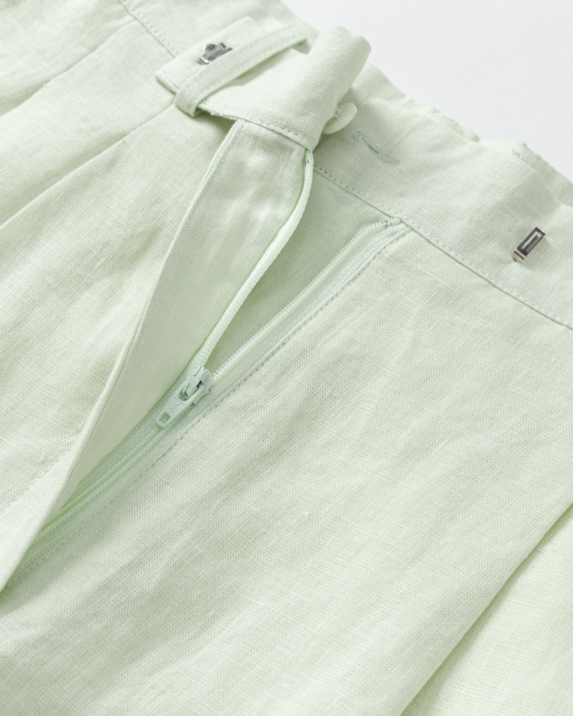 Juana Hemp Retreat Shorts light mint (hemp) detail layflat showing pocket and clean waistband