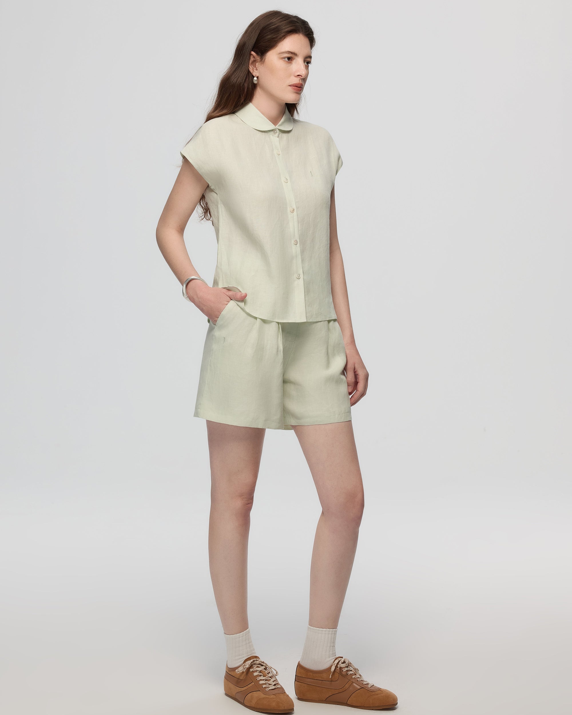 Juana Hemp Retreat Shorts light mint (hemp) styled look showing pockets and clean lines